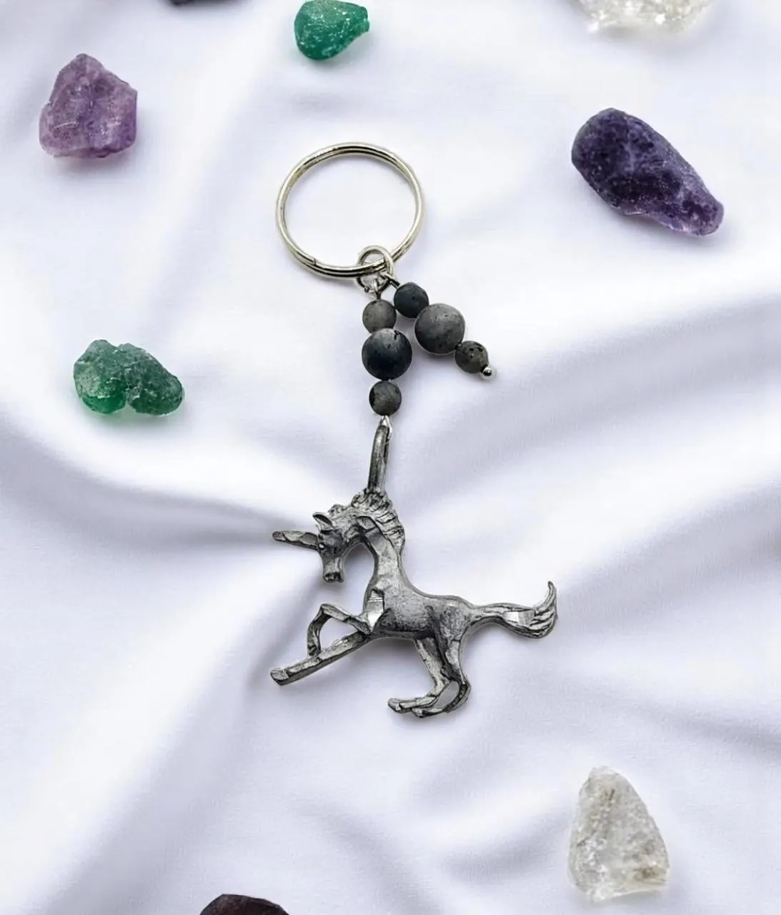 Pewter Unicorn Labradorite Gemstone Beaded Key Ring 