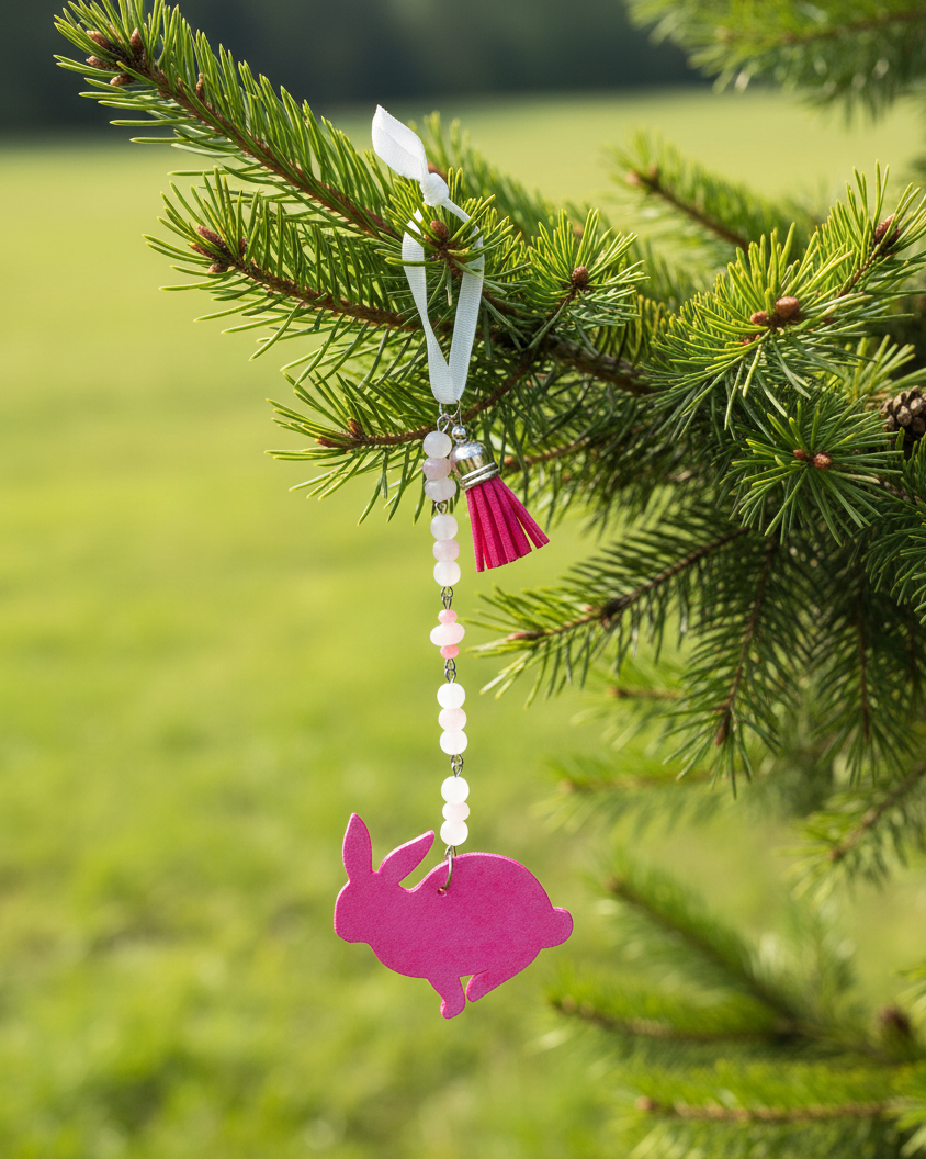 Whimsical Pink Bunny Rabbit Gemstone Beaded Hanging Ornament