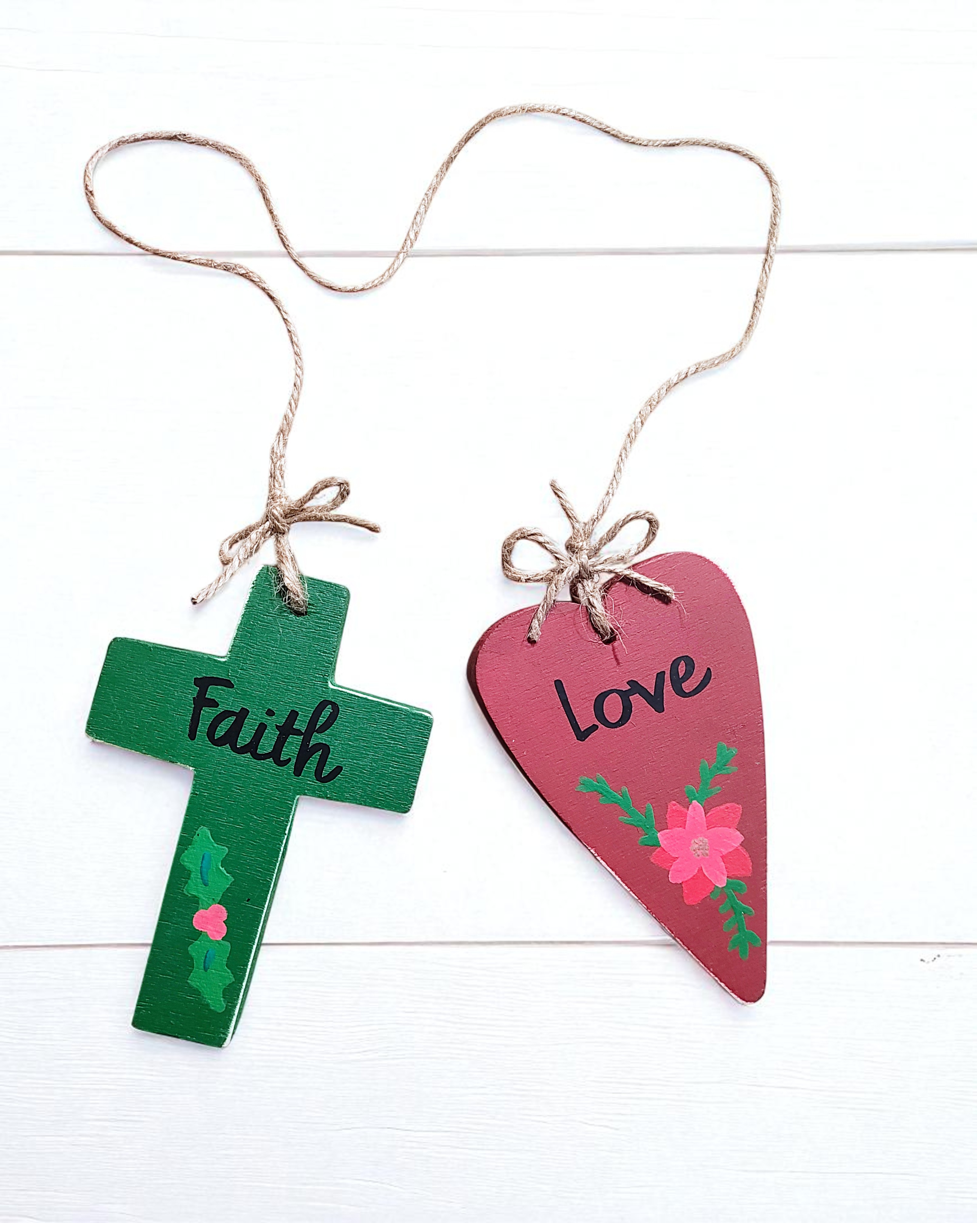 Wooden Faith Cross & Love Heart Decorative Ornament