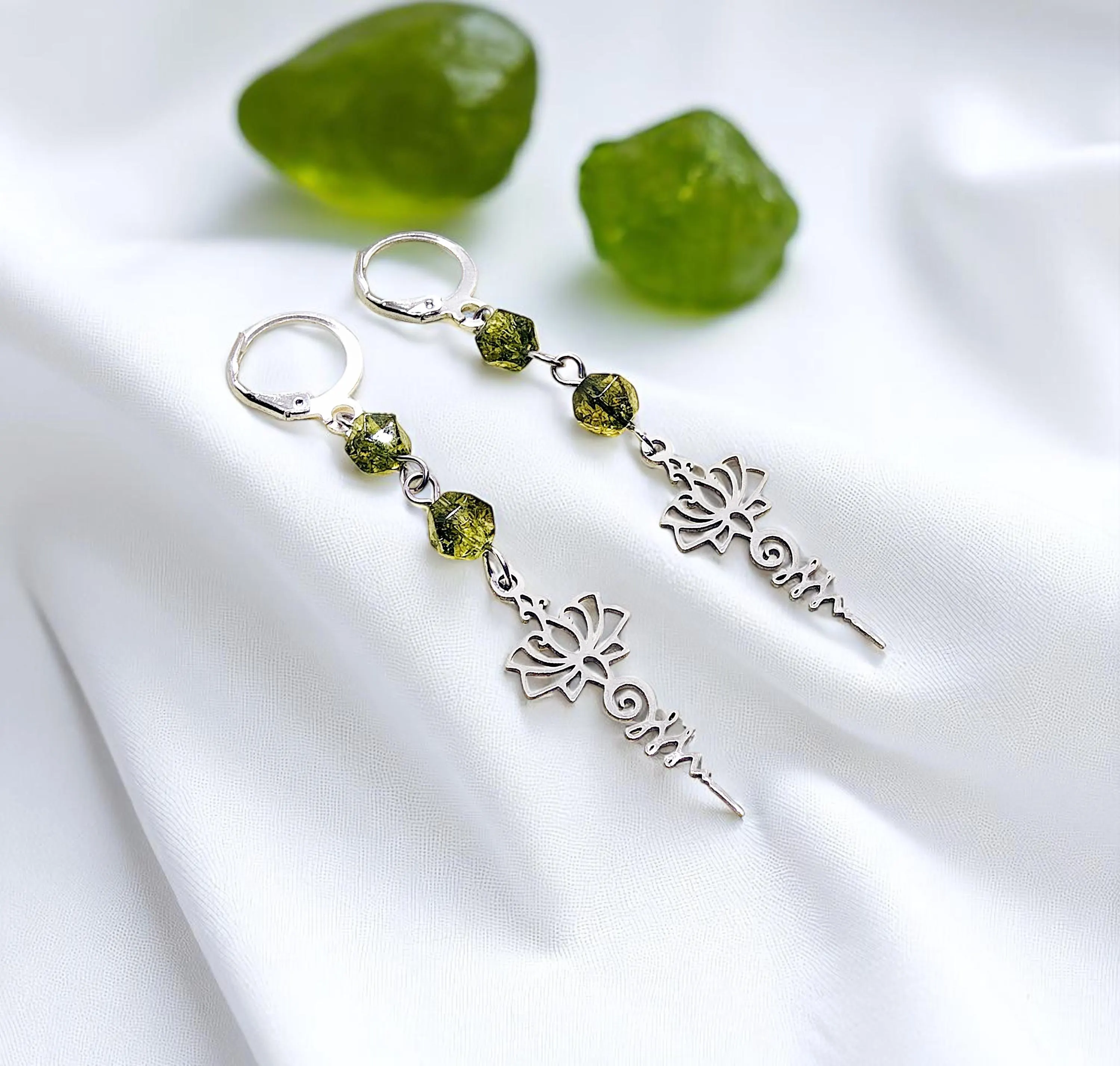 Lotus Unalome Peridot Gemstone Dangle Earrings