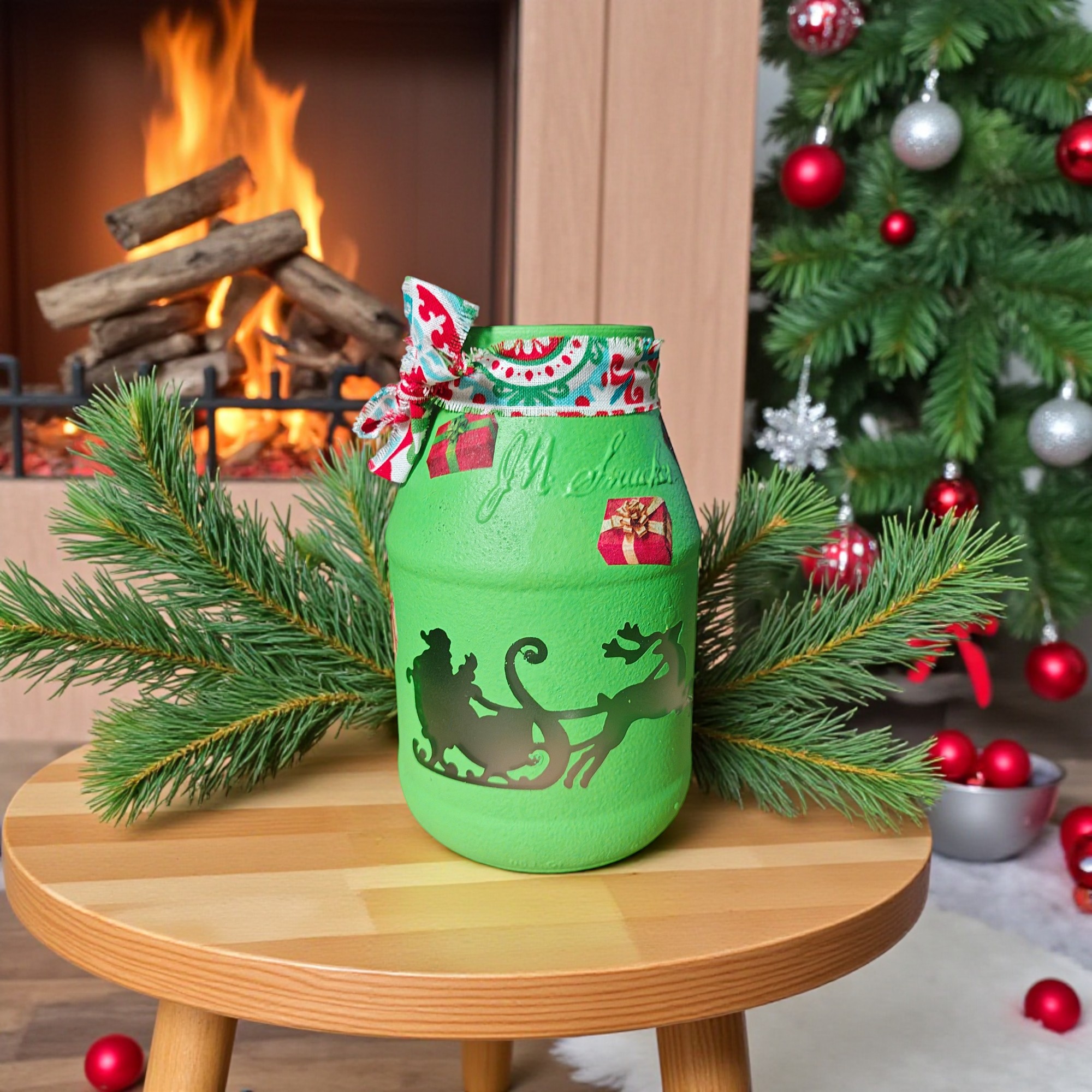 Santa Sled Glass Jar Tealight Candle Holder