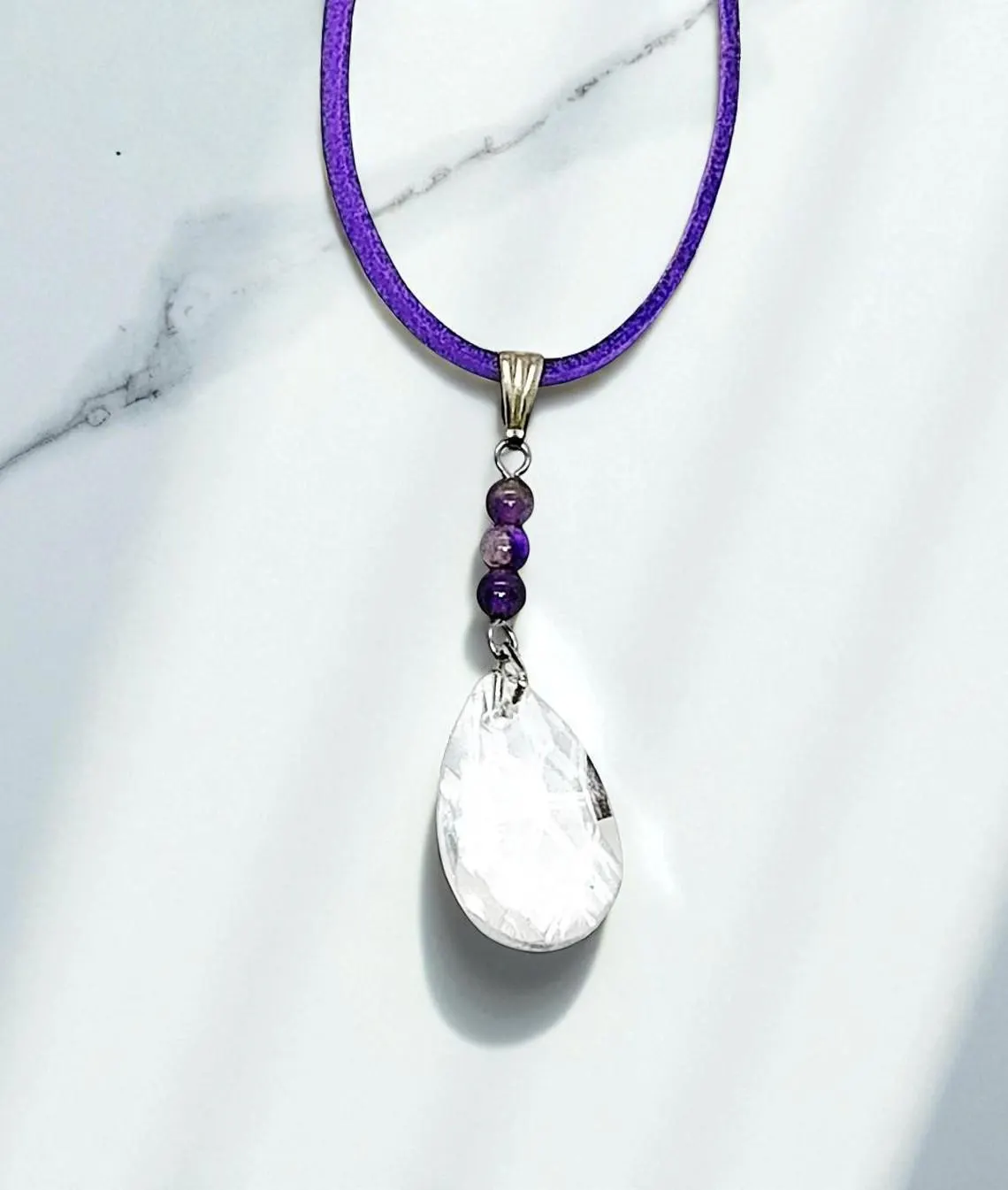 Amethyst Gemstone Crystal Pendant on Purple Suede Cord Necklace