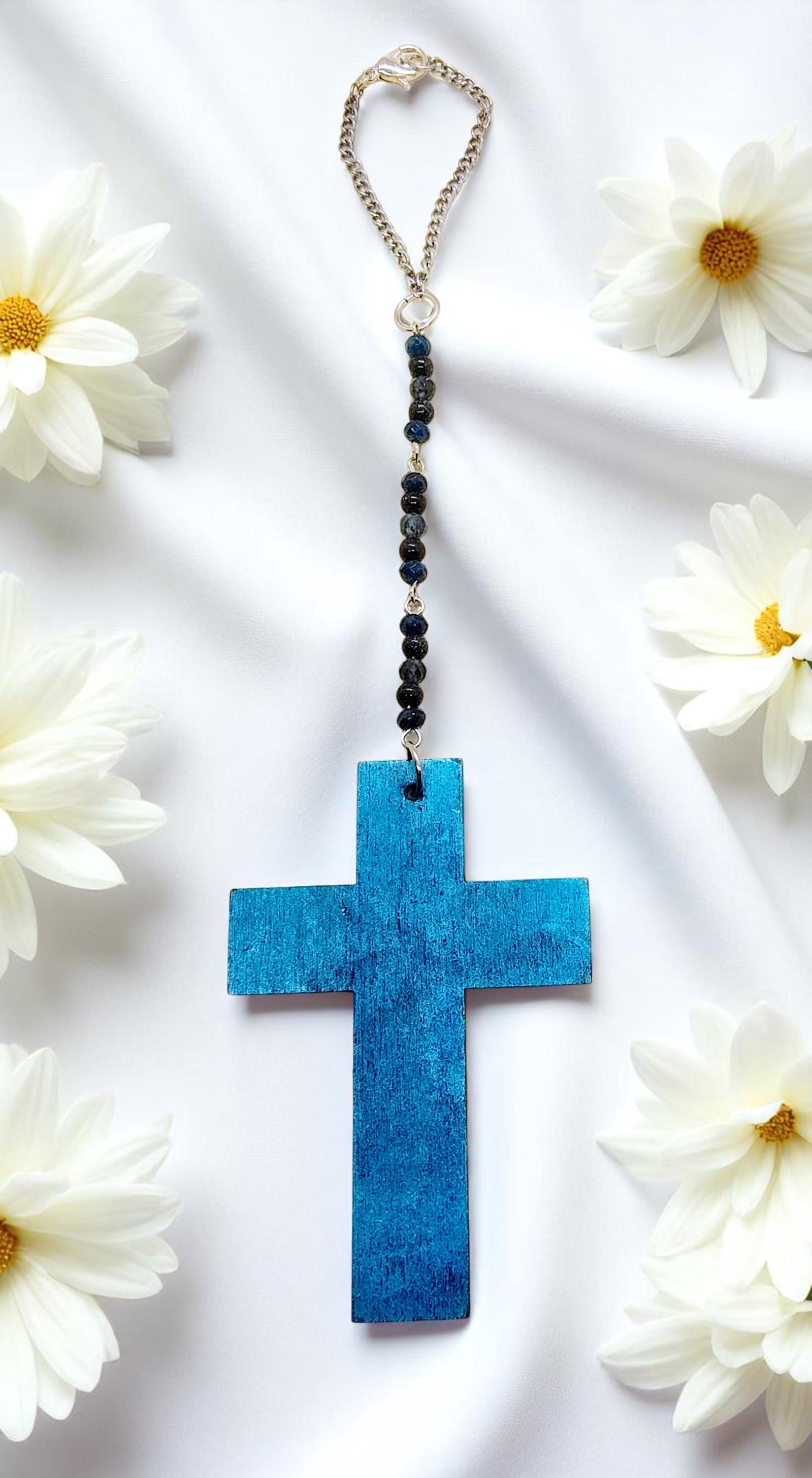 Wooden Blue Christian Cross & Gemstone Hanging Rearview Mirror Car Charm 