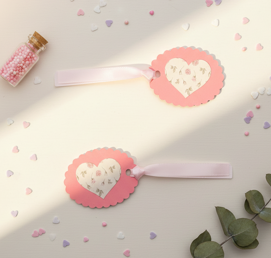 Handmade Pink Shabby Chic Floral Heart Paper Gift Tags - Set of 10