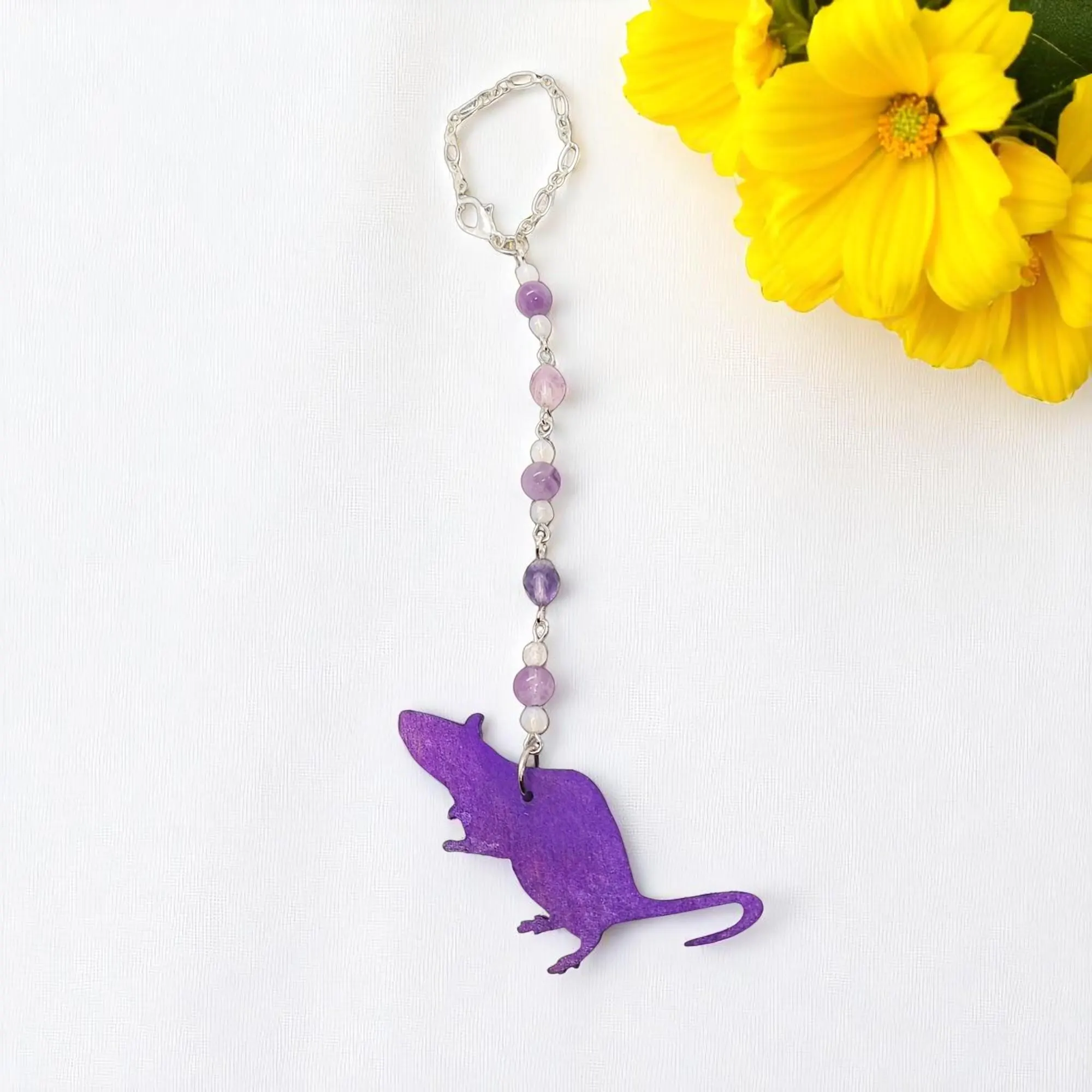 Amethyst, Fluorite & Opalite Gemstone Fancy Rat Rearview Mirror Car Charm