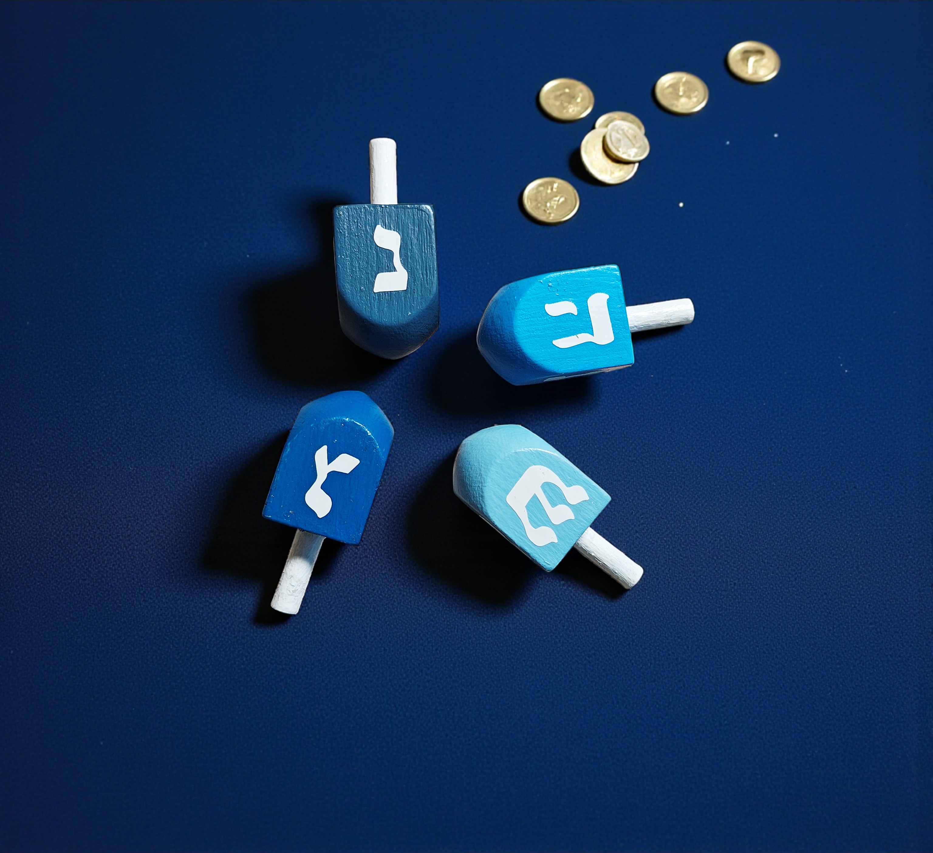 Hand Painted Wooden Blue Hanukkah Dreidel Game Set