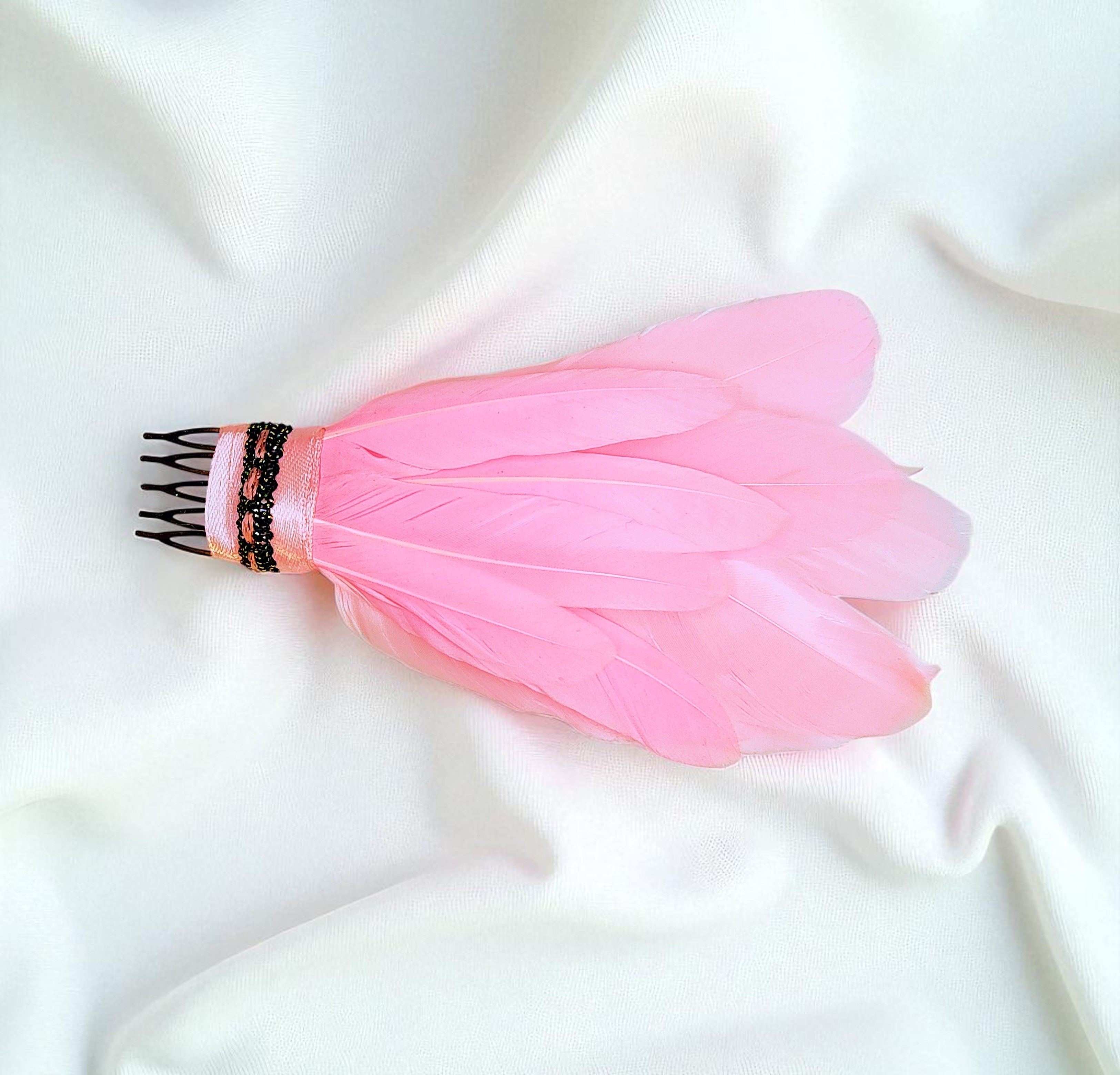 Handmade Pink Feather Hair Comb