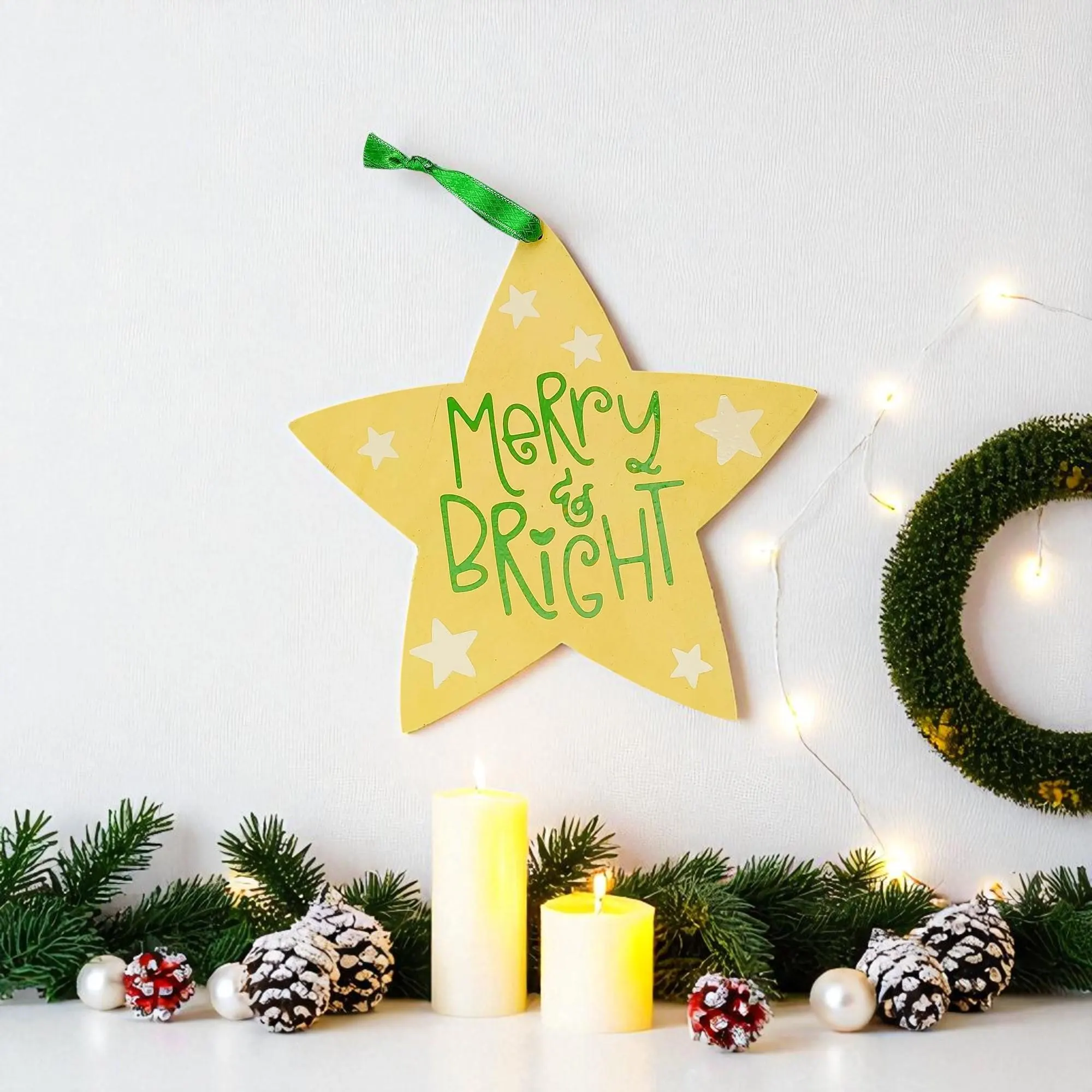 Wooden Yellow Merry & Bright Star Shaped Sign 