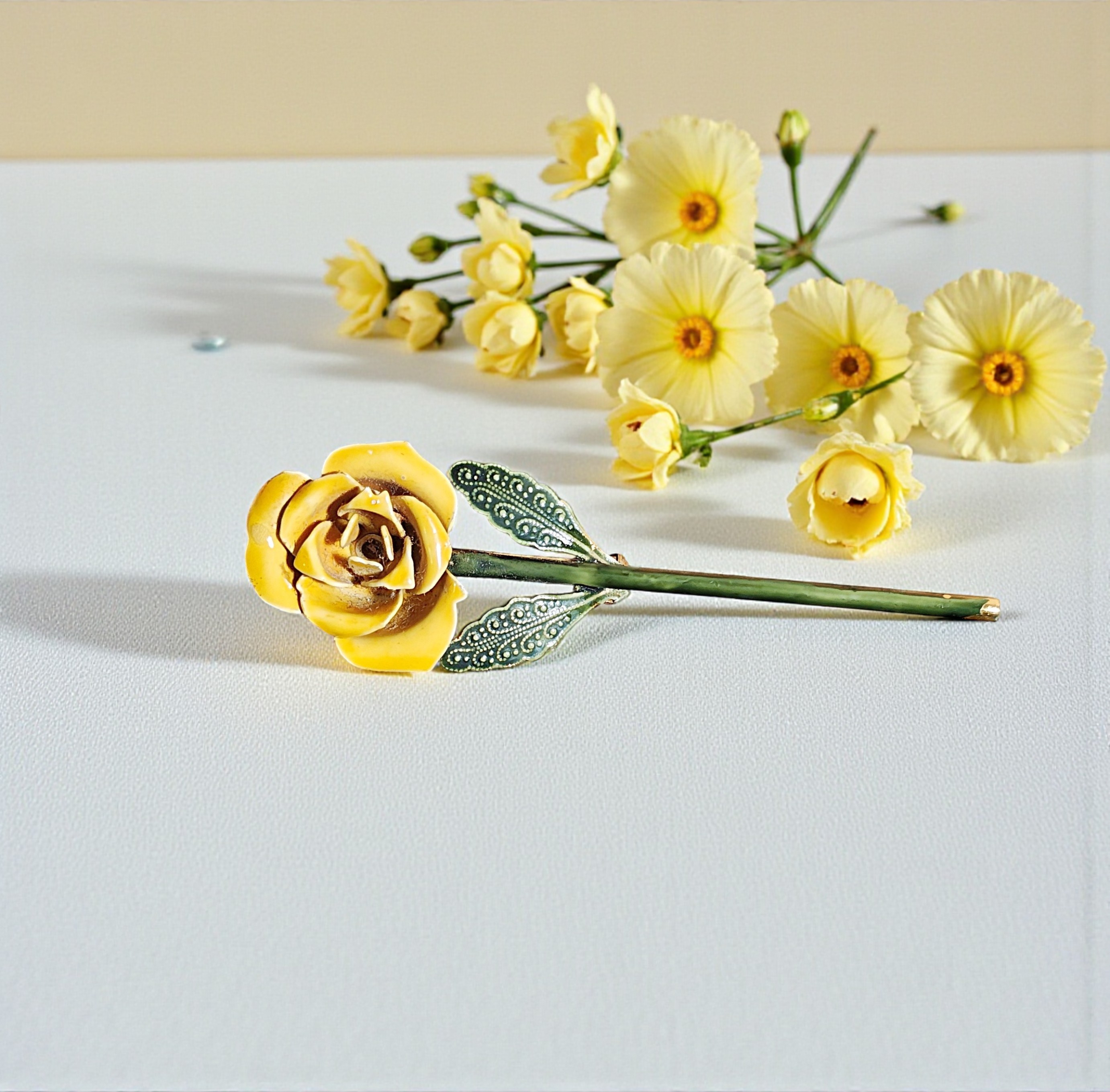 Rare Vintage Ornate Yellow Rose Brooch