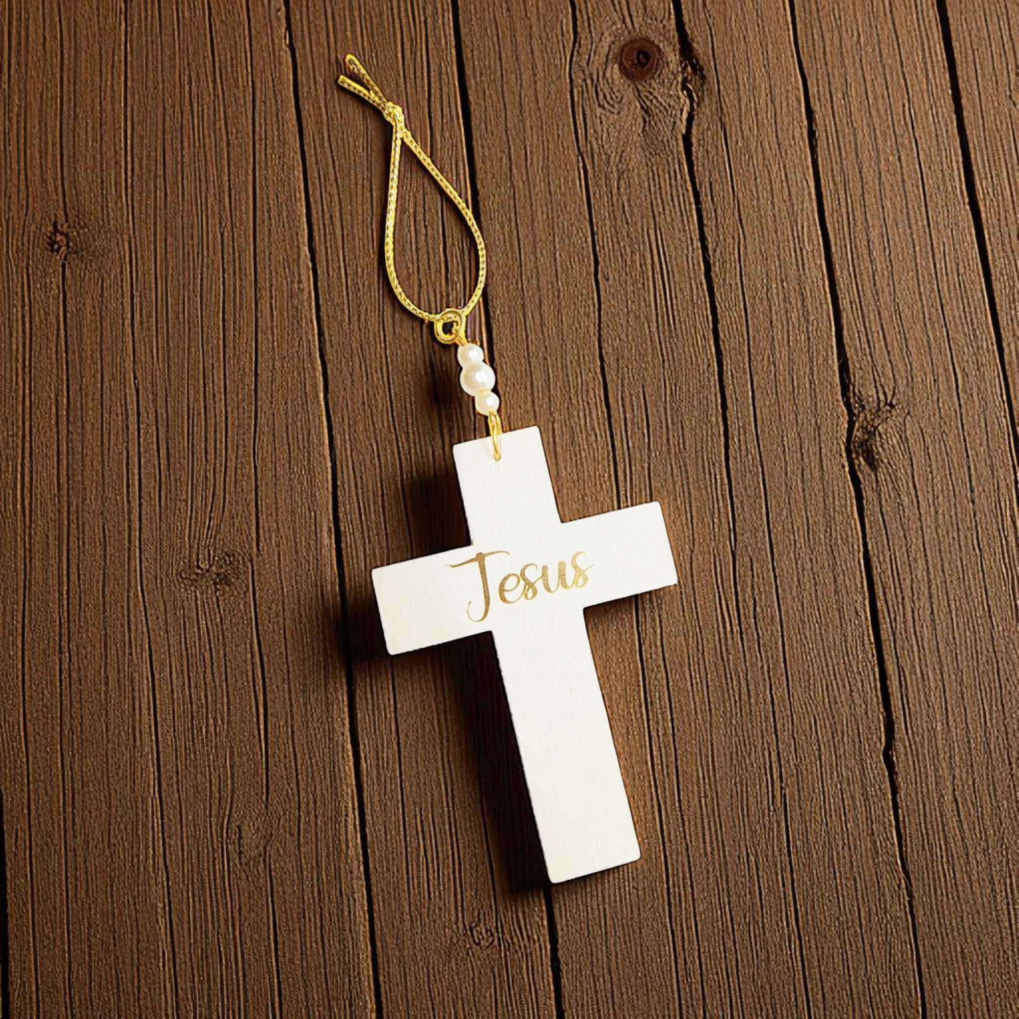 Christian Jesus Cross Pearl White and Gold Holiday Tree Ornament