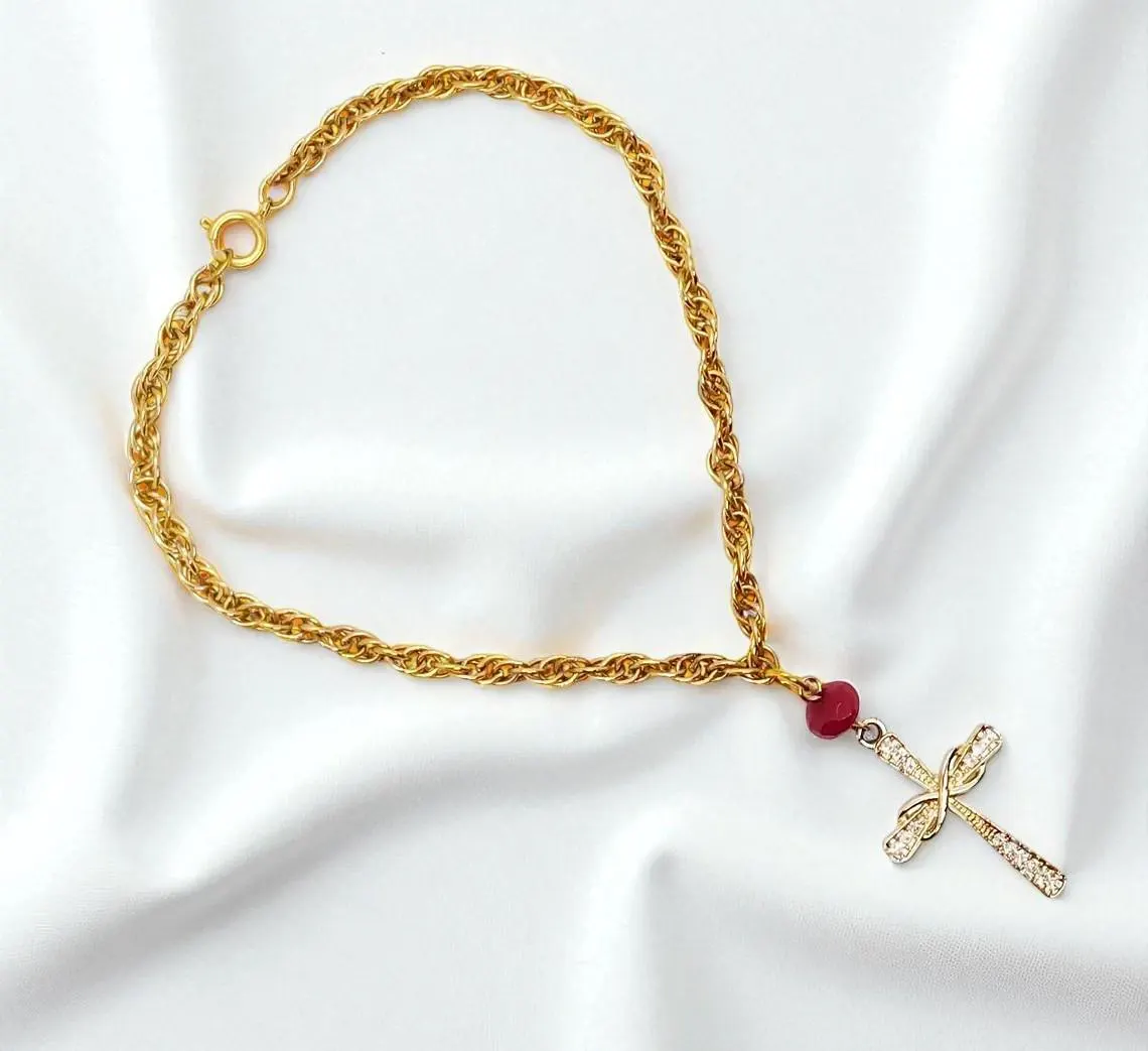 Golden Christian Cross Gemstone Dangle Anklet