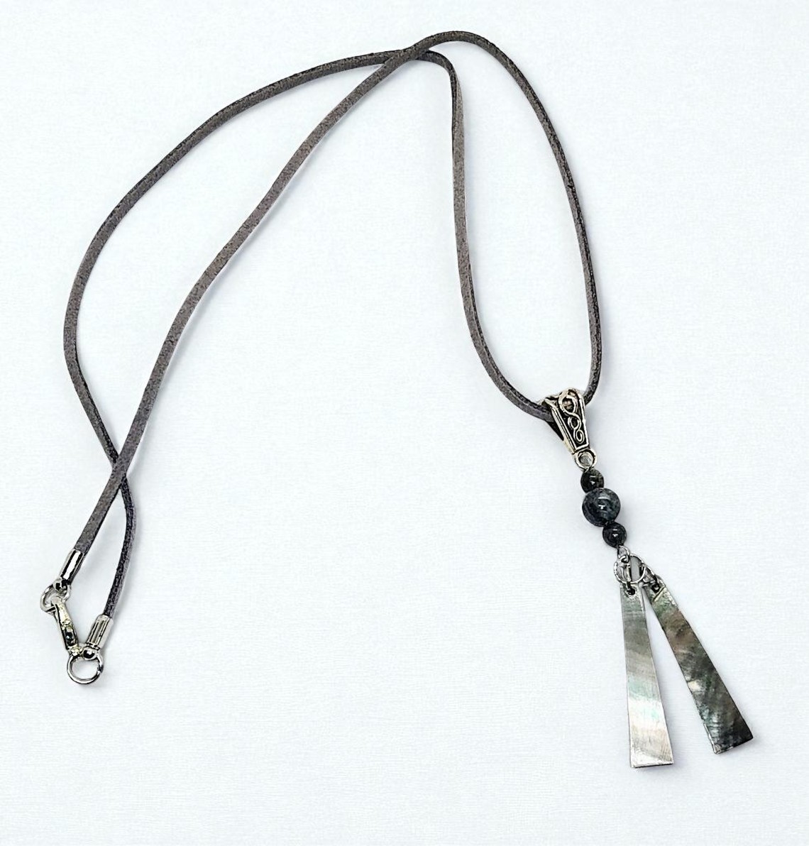 Abalone Shell Pendant on Gray Suede Cord Necklace
