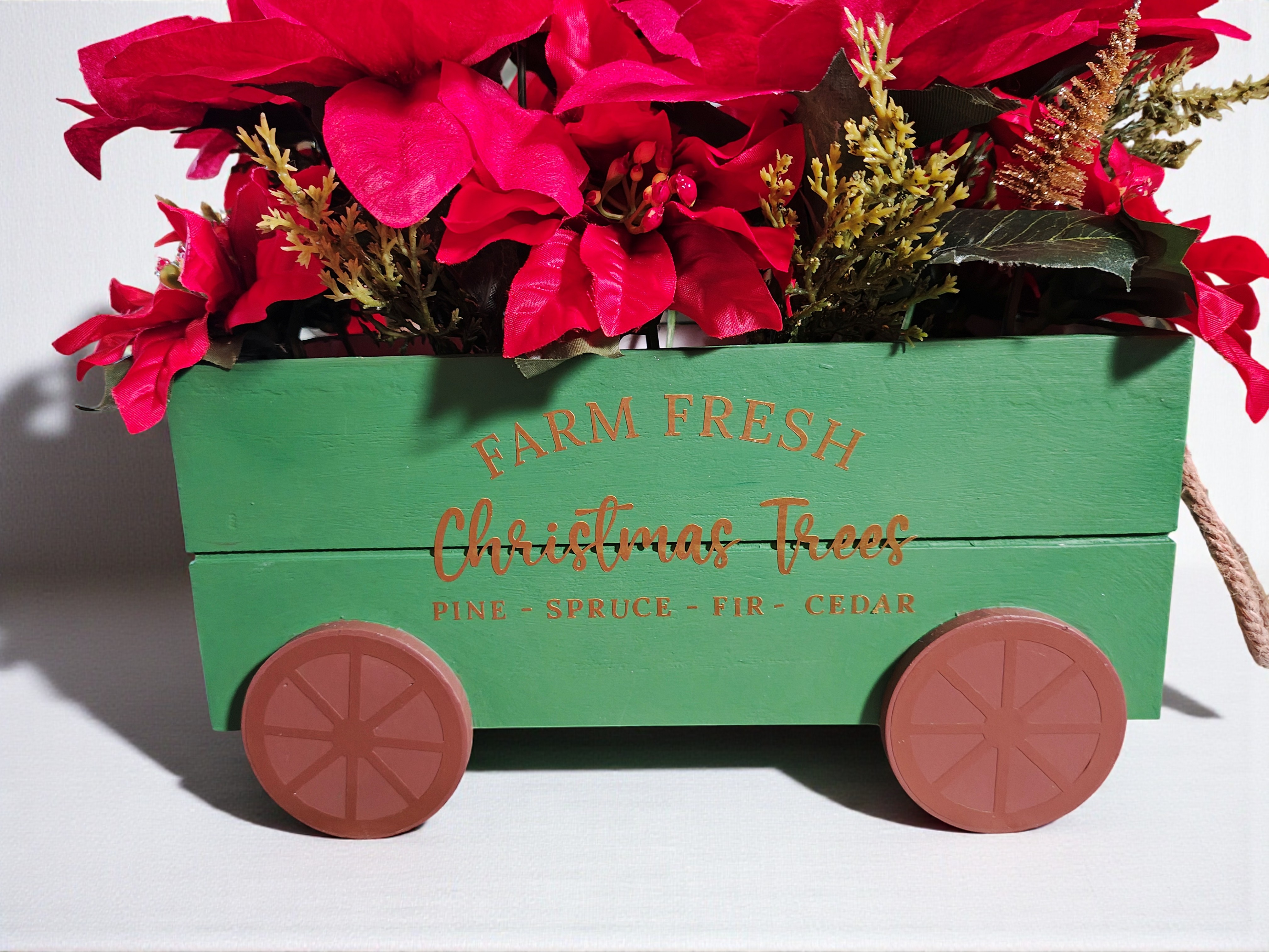 Farm Fresh Christmas Trees Wooden Wagon Poinsettia Floral Arrangement 
