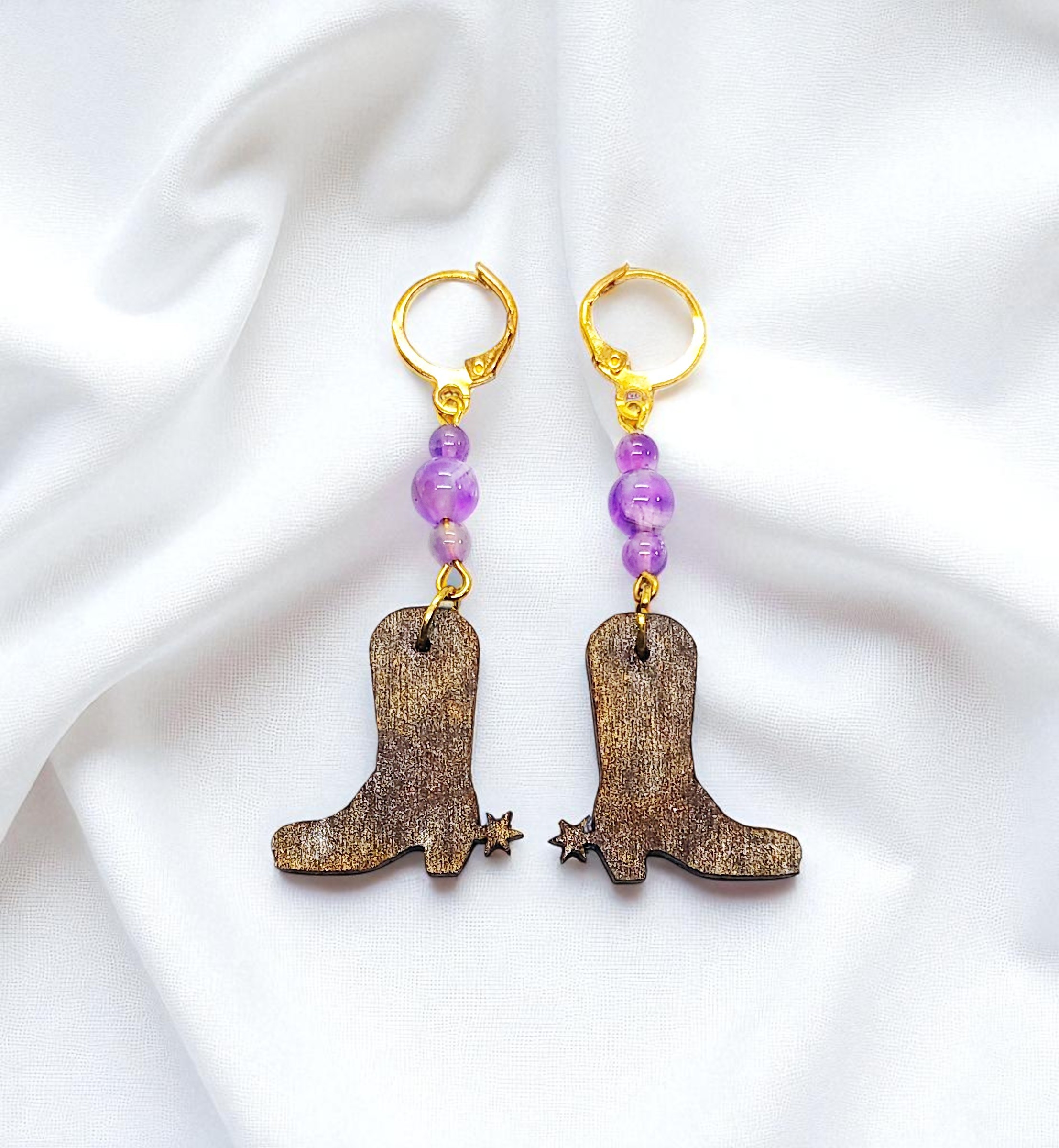 Wooden Cowboy Boots Gemstone Dangle Earrings 