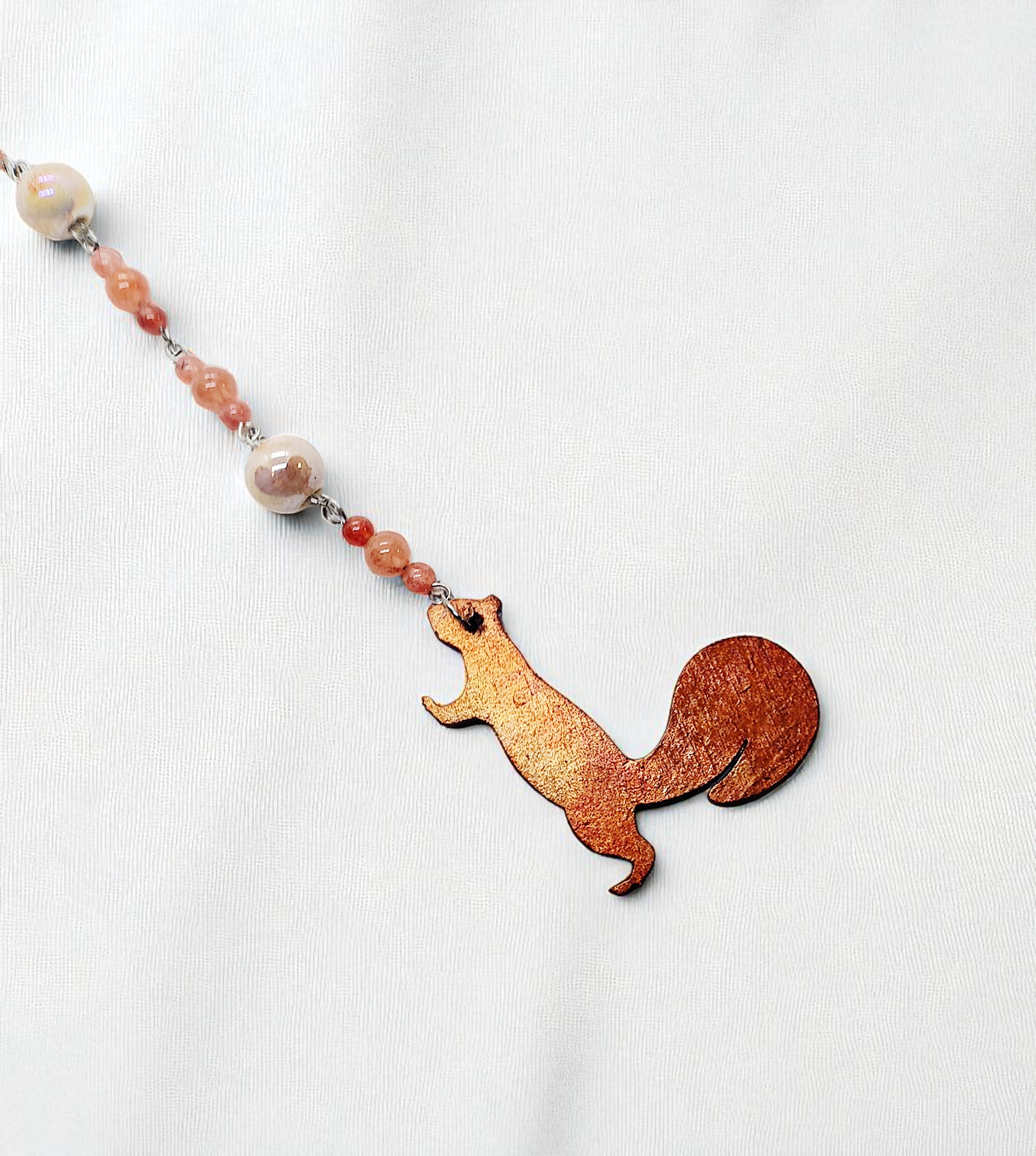 Wooden Squirrel and Beaded Gemstone Hanging Rearview Mirror Car Charm