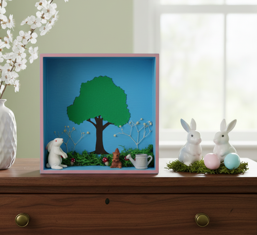 Spring Scene Shadow Box Shelf Sitter with Miniature Garden Scene 