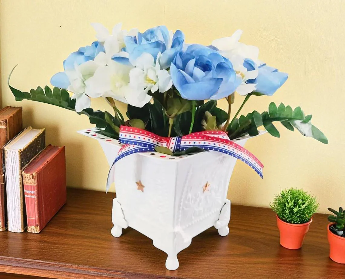 Patriotic Artificial Flower Arrangement in Metal Planter 