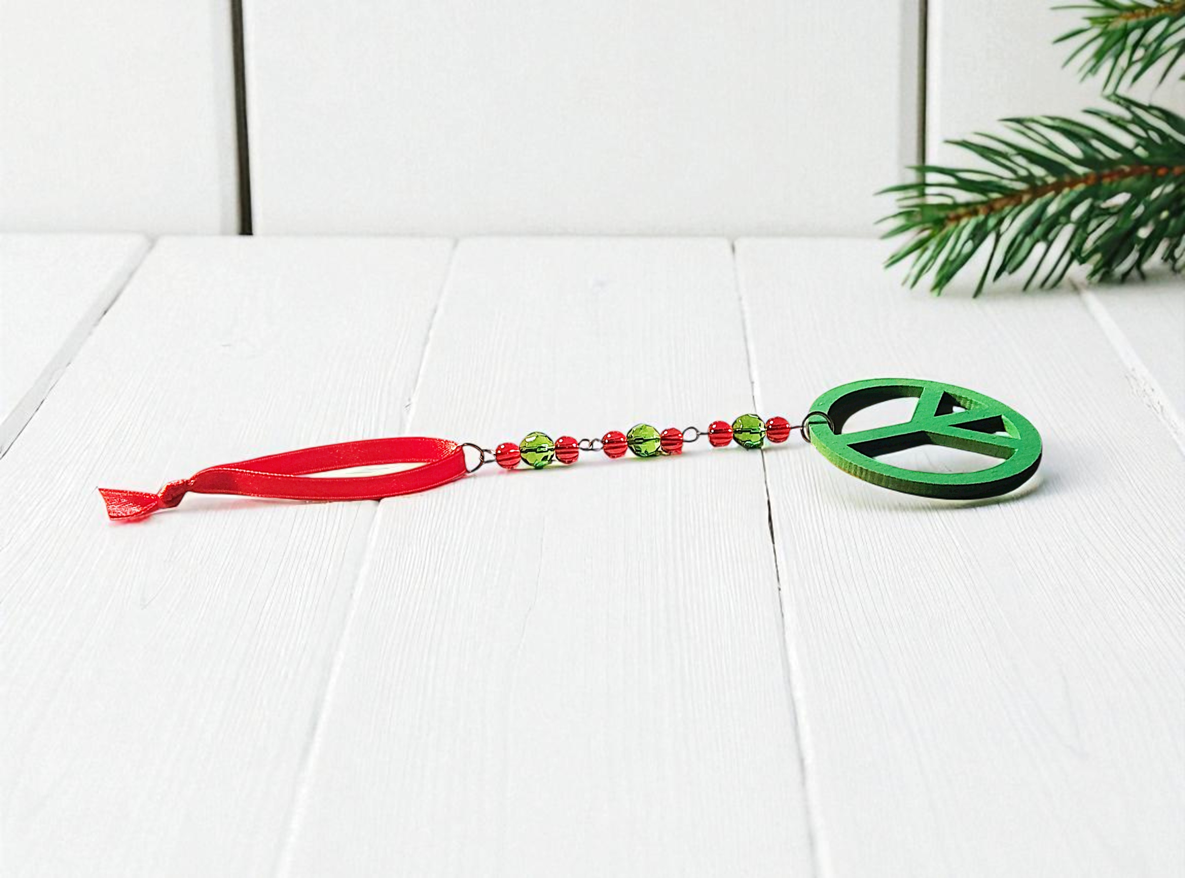 Wood Beaded Peace Sign Holiday Ornament