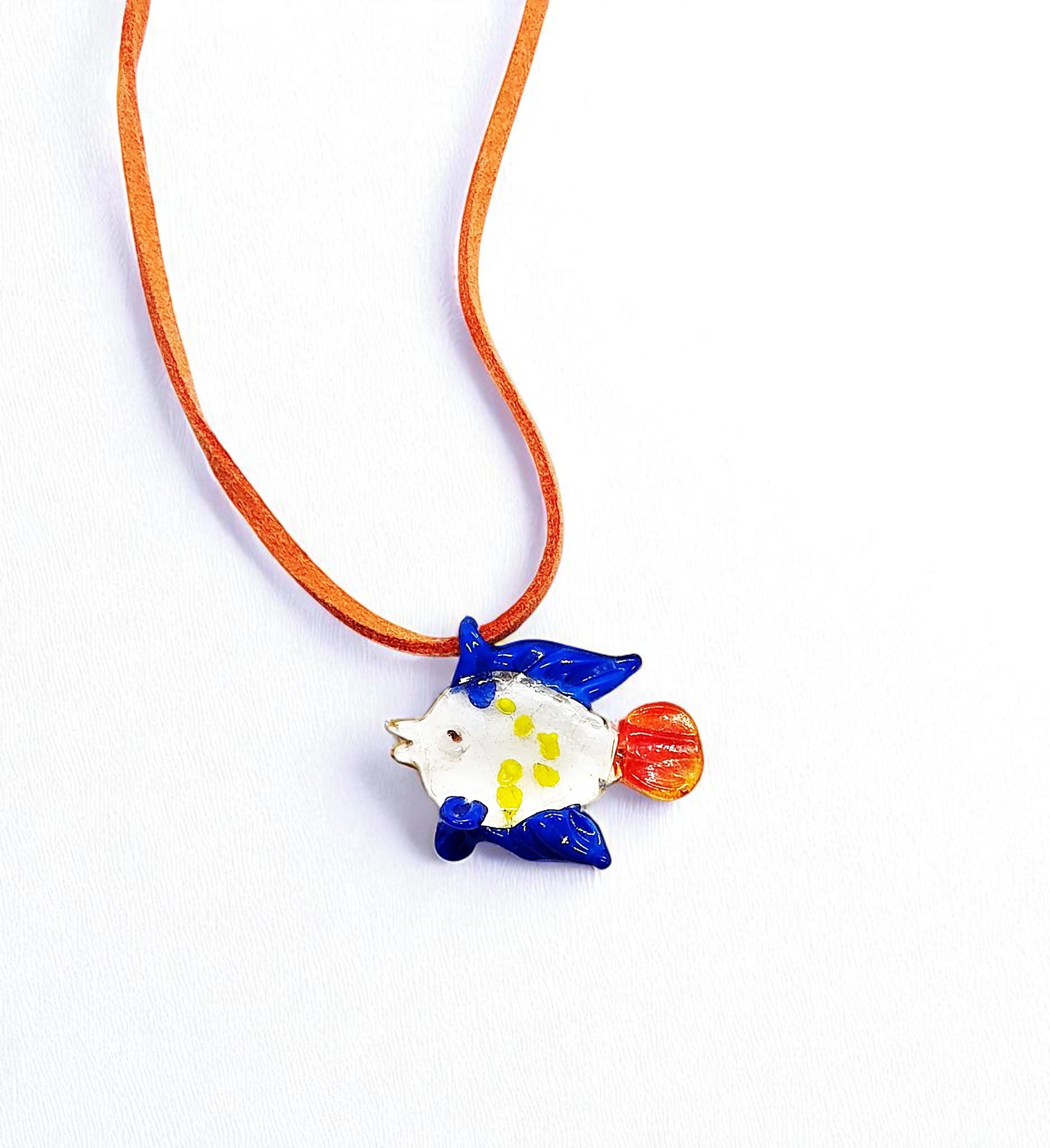 Glass Tropical Fish Pendant Orange Suede Cord Necklace