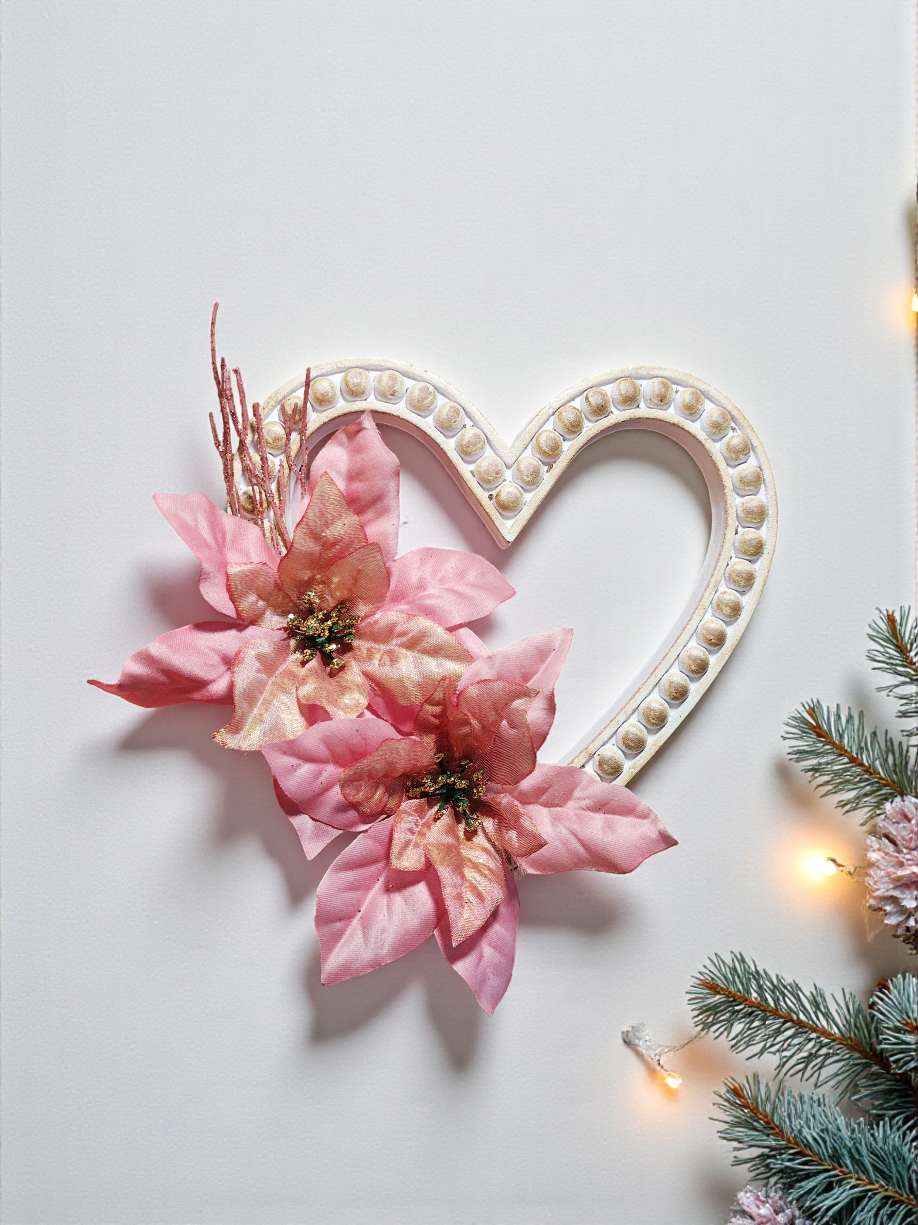 Rustic Christmas Gold & Pink Poinsettia Heart Door Hanger