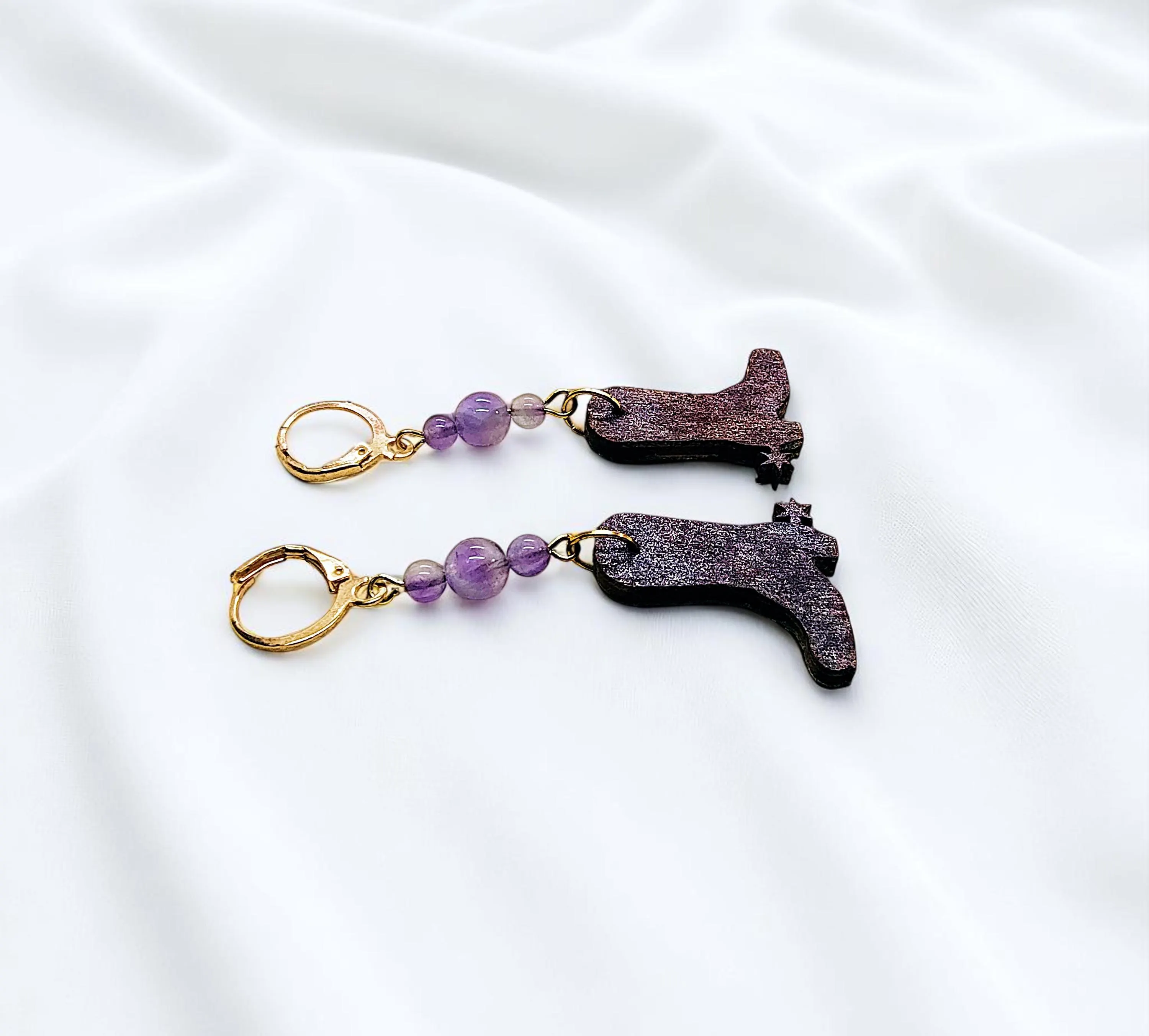 Wooden Cowboy Boots Gemstone Dangle Earrings 