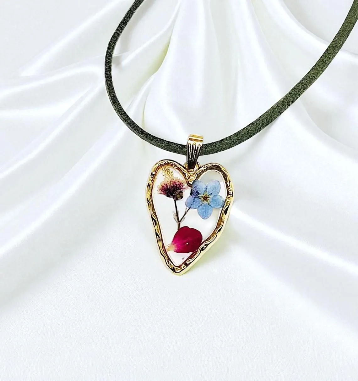 Pressed Flower Heart Pendant on Green Suede Necklace