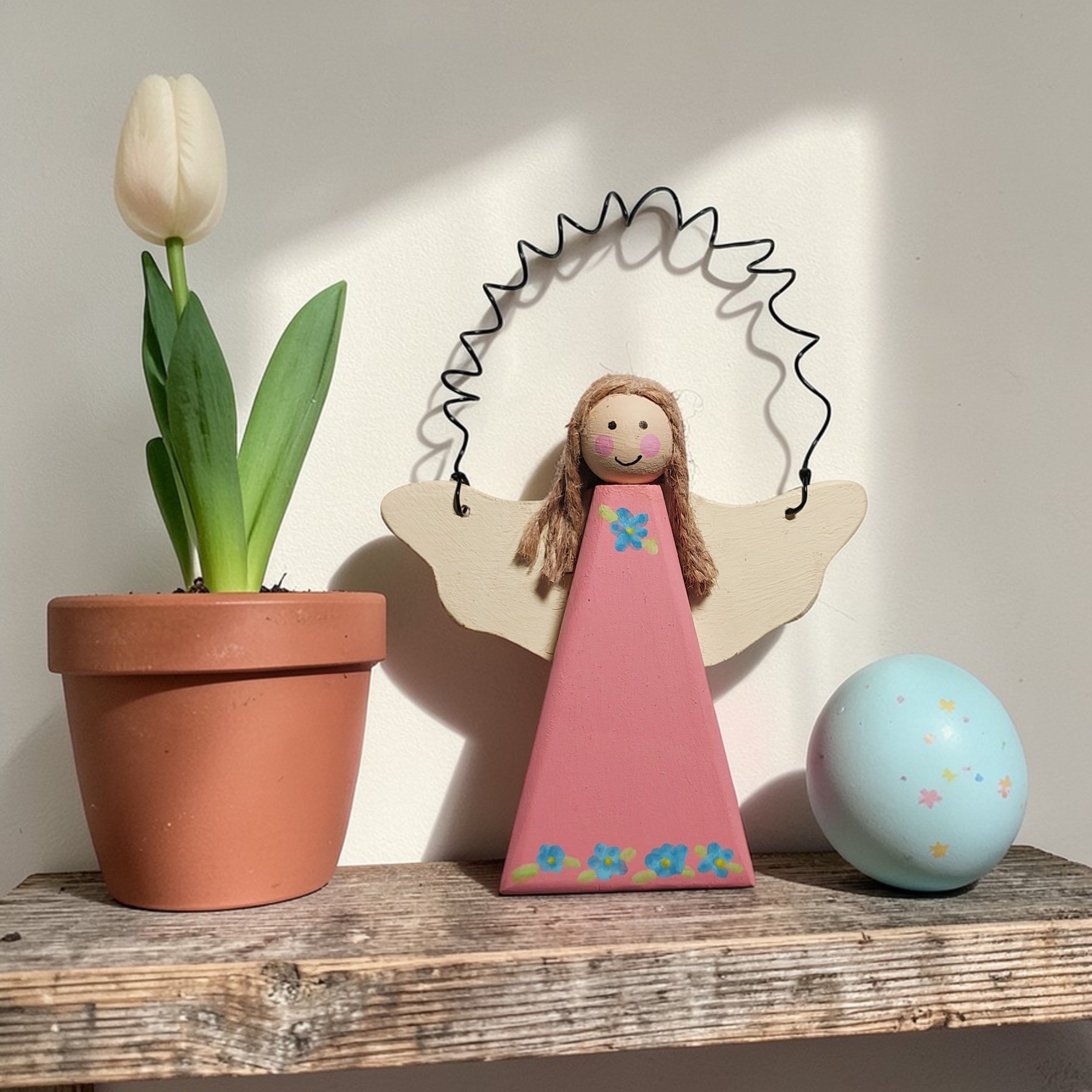 Wooden Spring Floral Angel Ornament