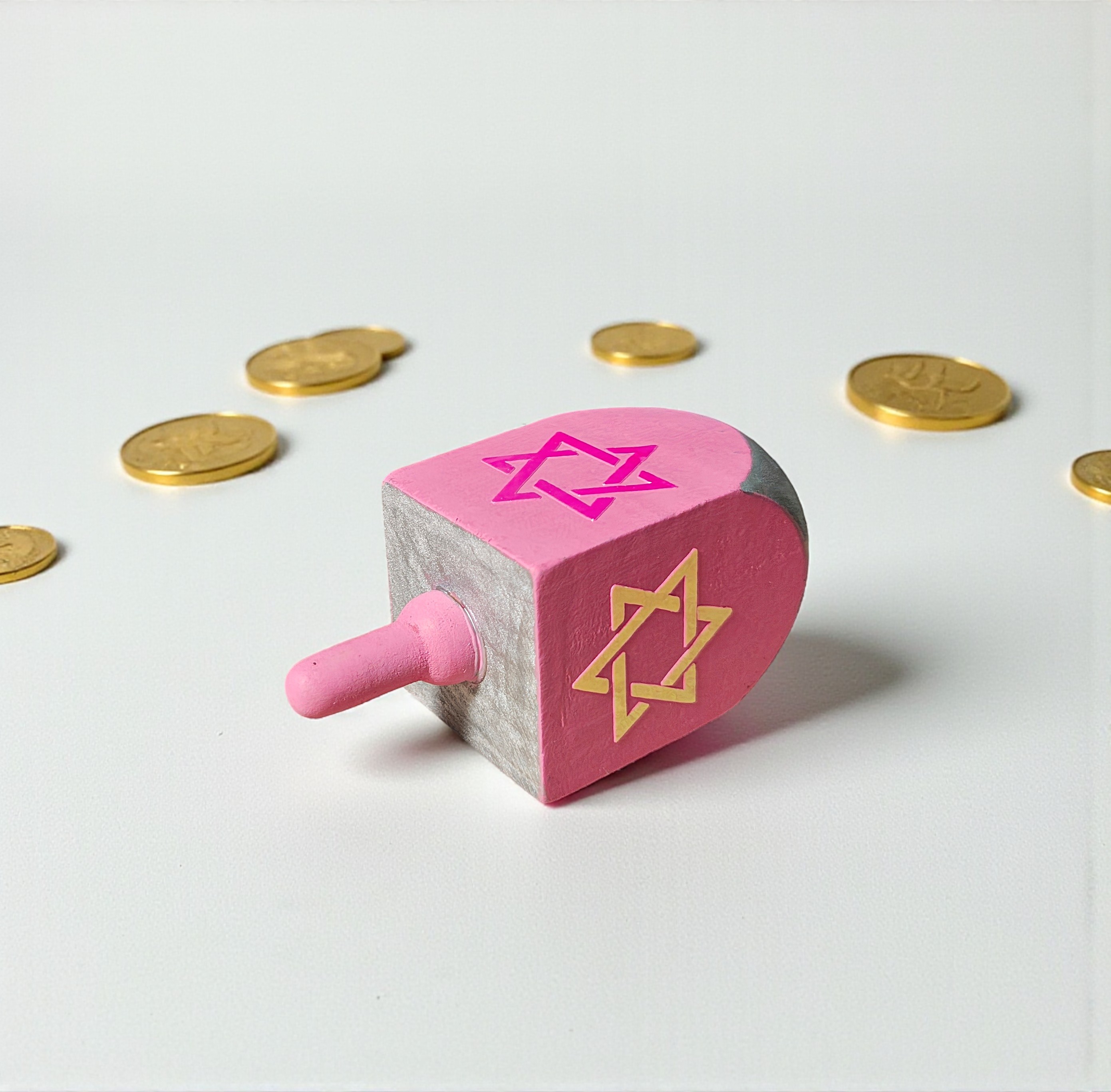 Large Hand Painted Wooden Pink Hanukkah Dreidel Decoration