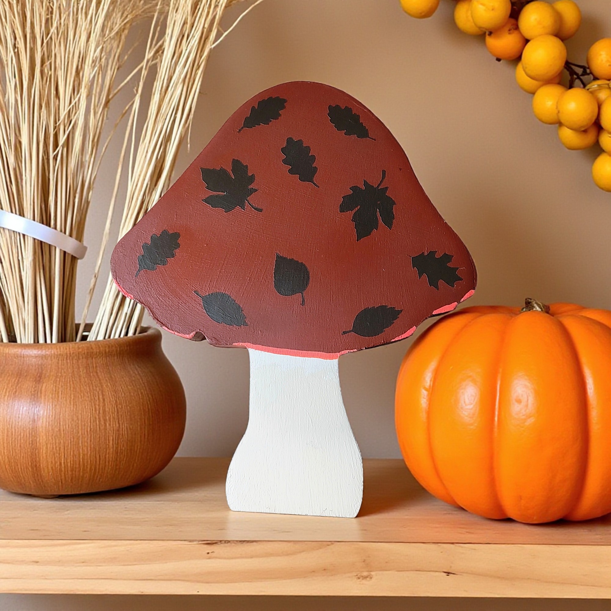 Free Standing Wooden Autumn Leaves Mushroom Figurine