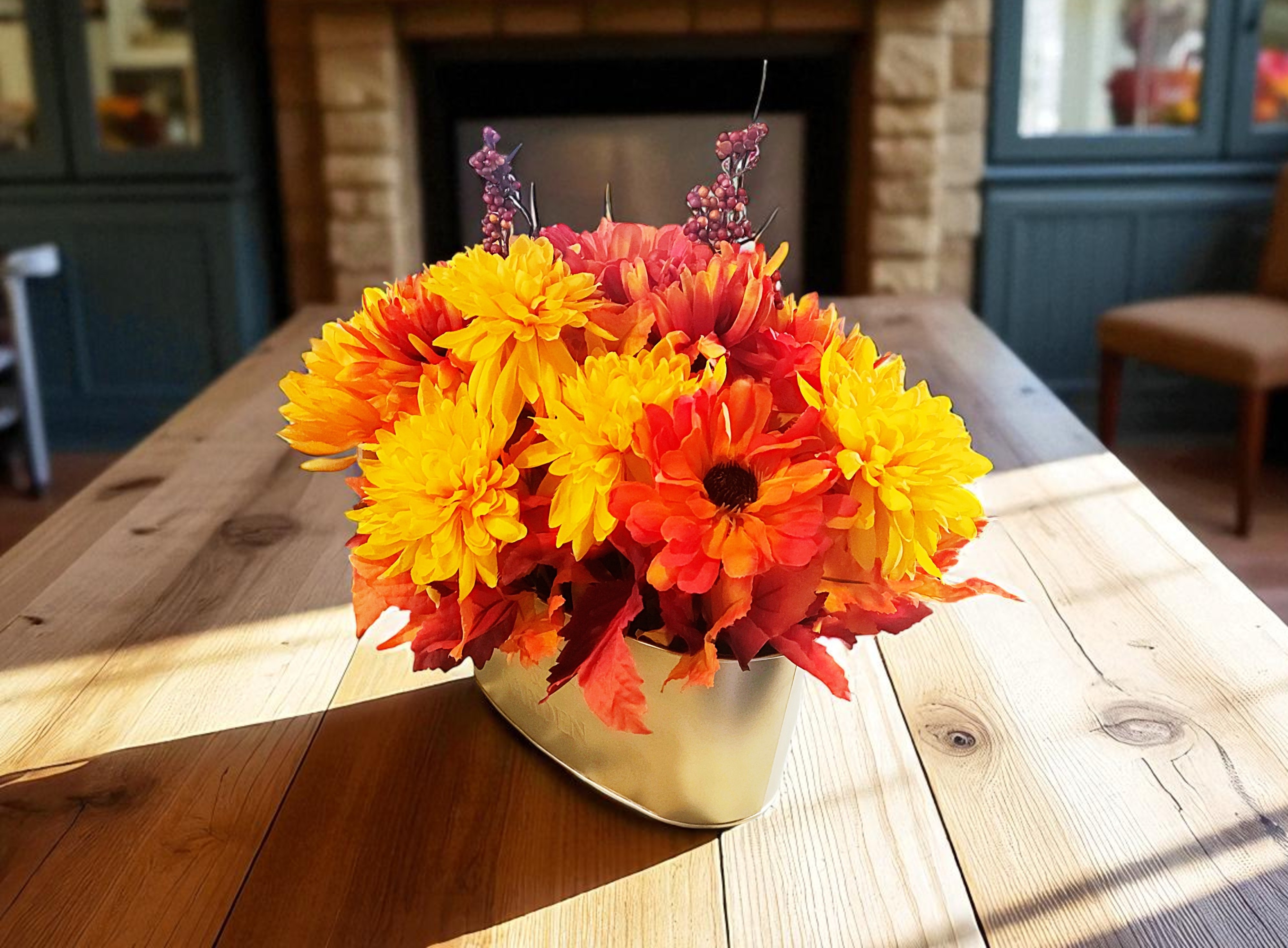 Bright Autumn Flower and Leaves Arrangement in Gold Planter Table Centerpiece