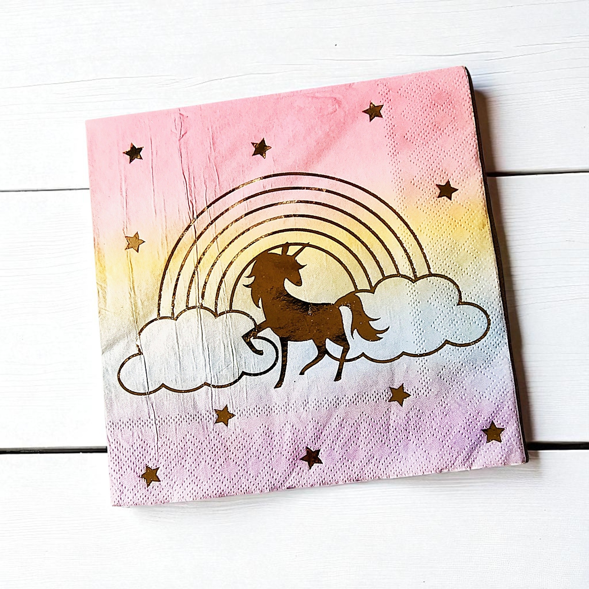 Gold Foil Unicorn and Rainbow Napkins for Decoupage 6 pc