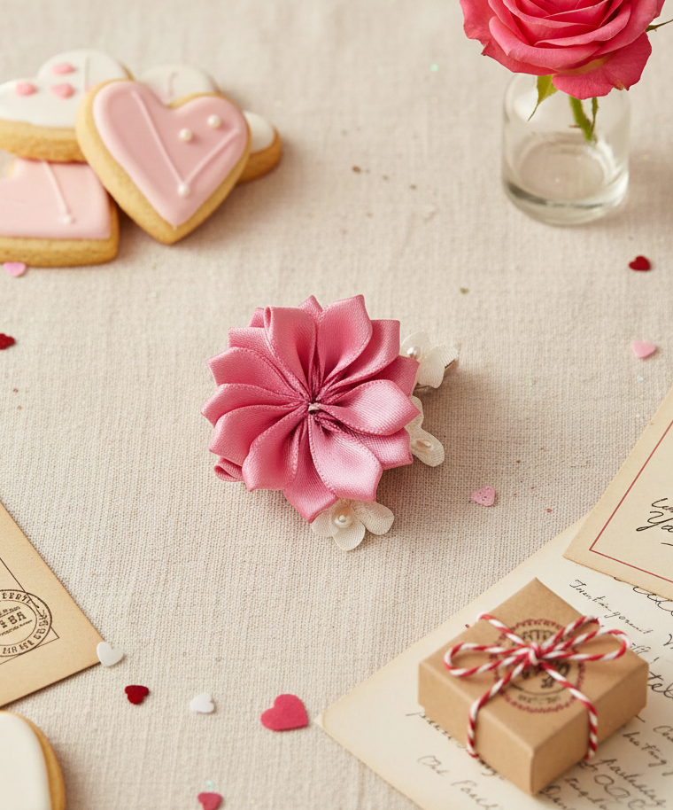Dusty Pink and Tiny White Floral Brooch Pin 
