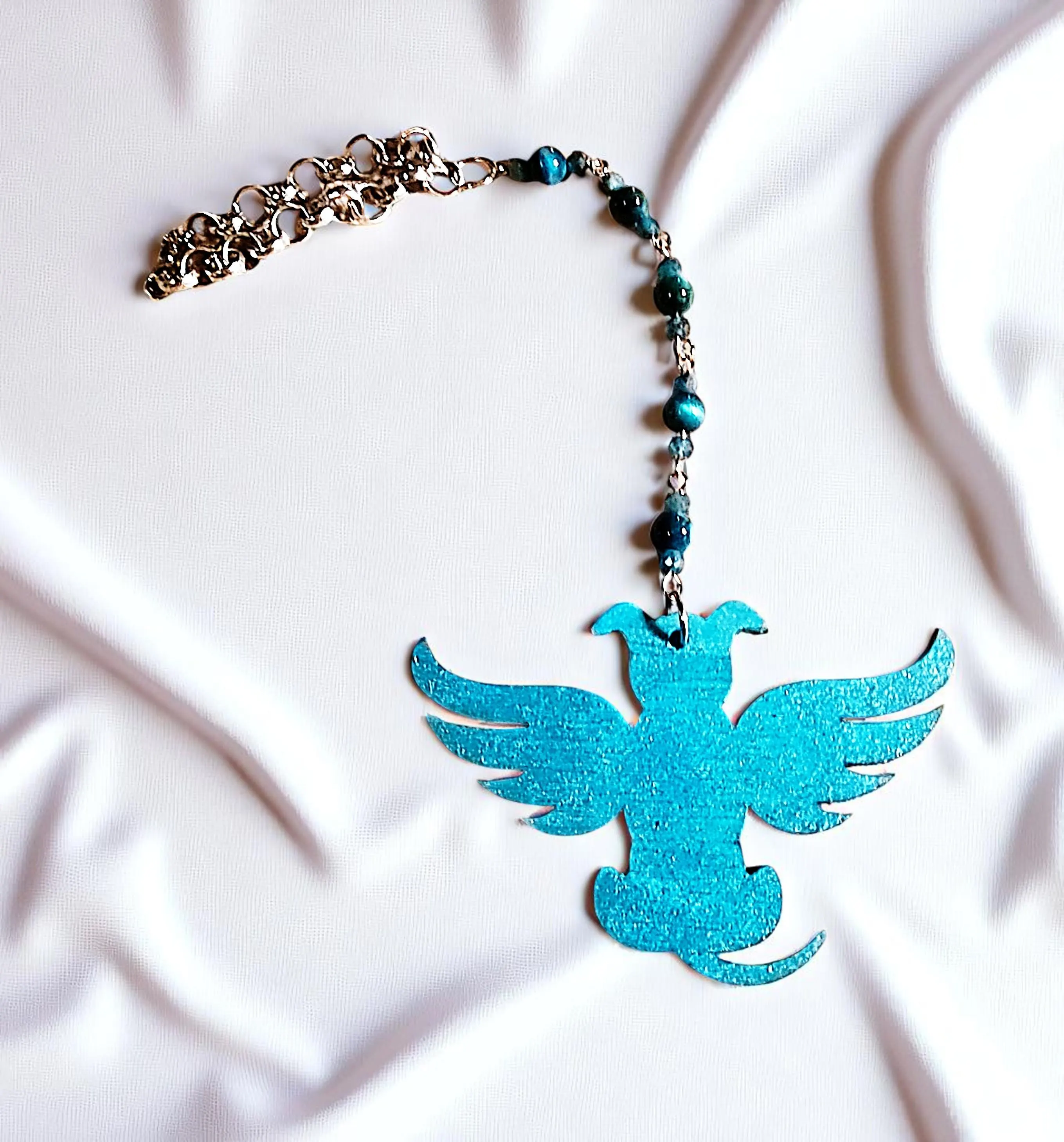 Blue Dog Angel and Beaded Gemstone Hanging Rearview Mirror Car Charm - New Car Gift 