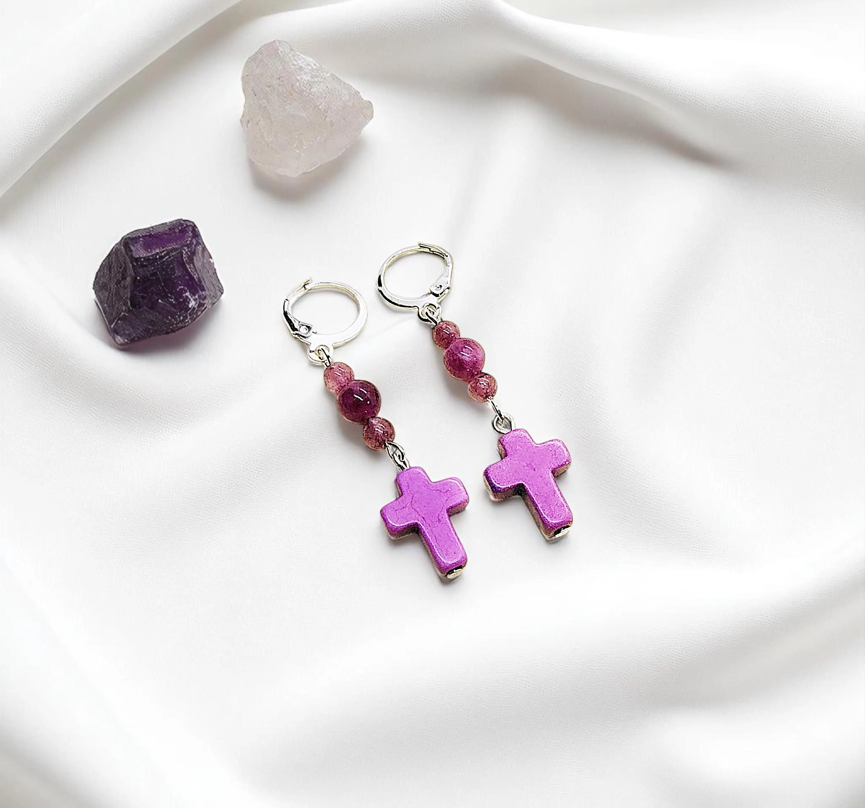 Religious Christian Gemstone Cross Dangle Earrings with Lever Backs