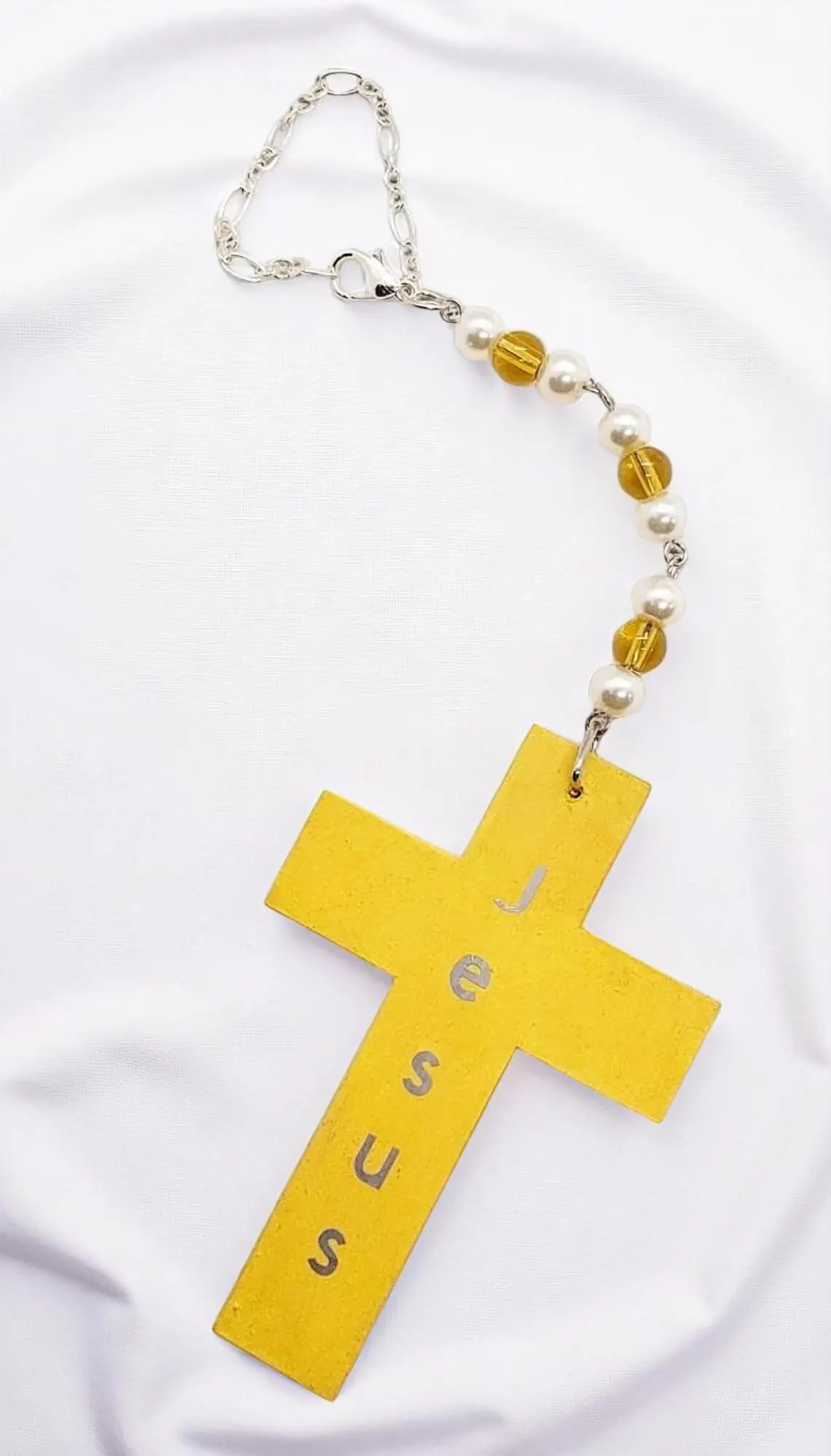 Wooden Christian Cross & Pearl, Citrine Gemstone Rearview Mirror Car Charm