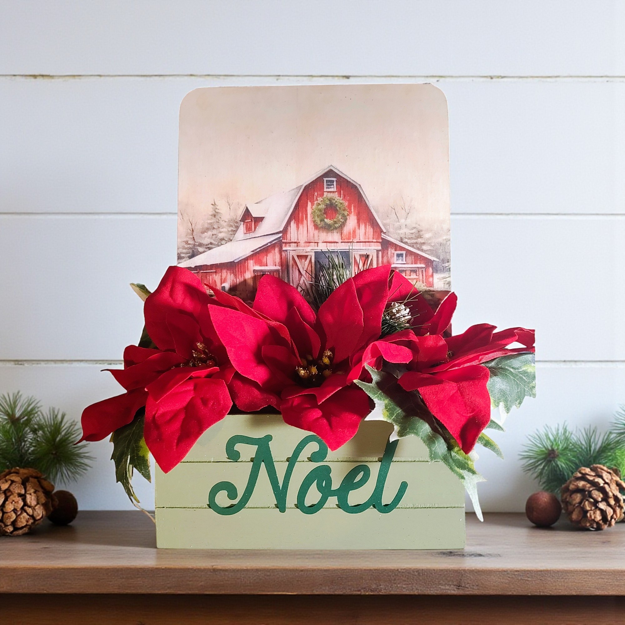 Winter Scene Poinsettia Floral Arrangement in Wood Decoupaged Planter