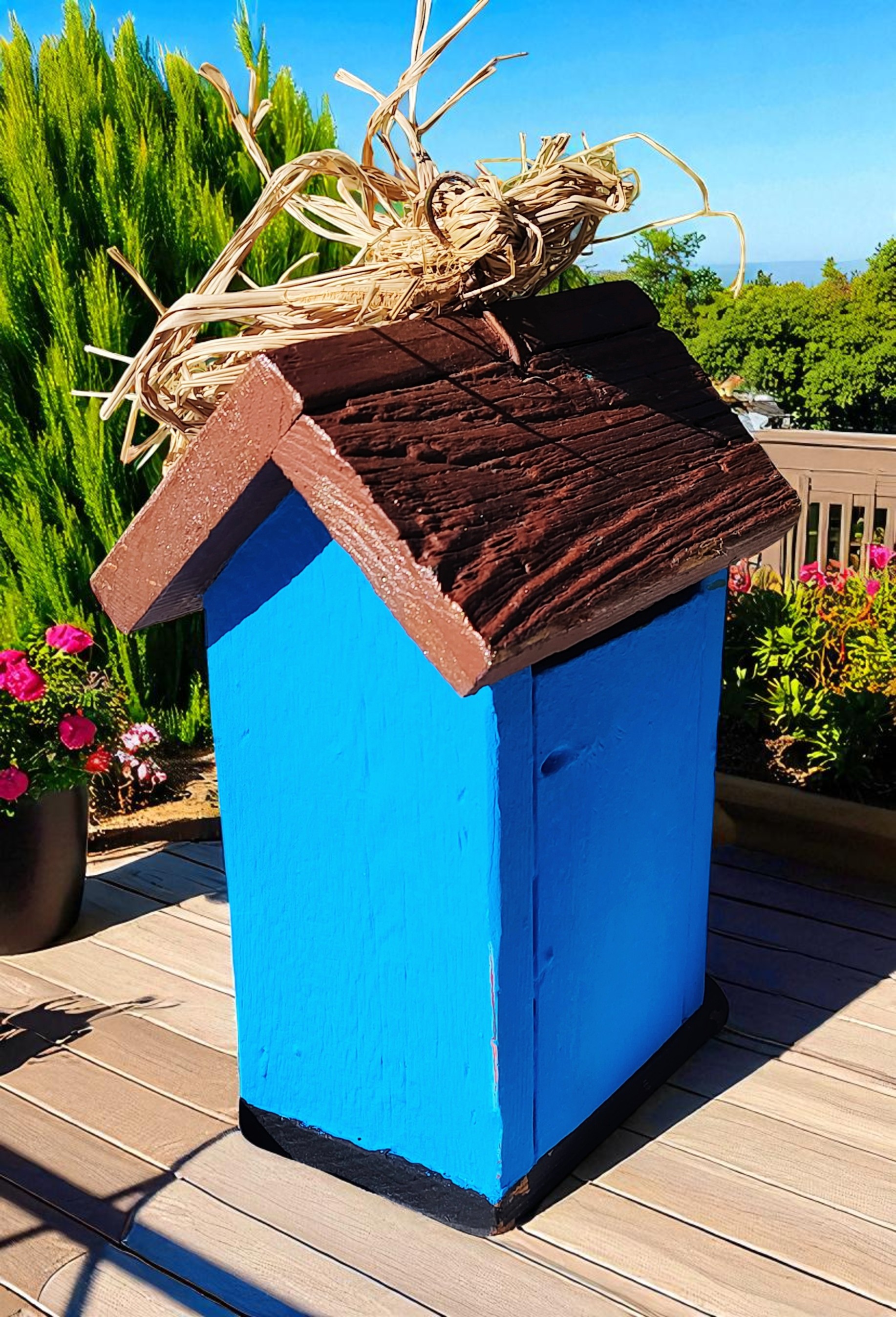 Wooden Rustic Blue Birdhouse with Gardening Theme