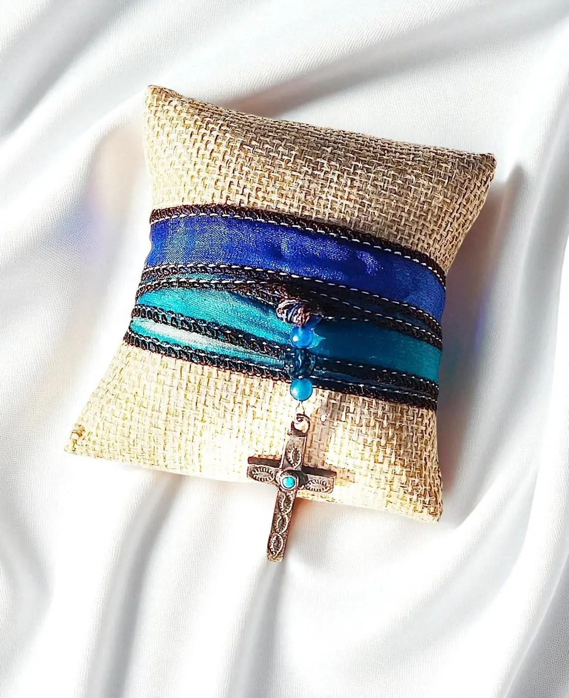 Christian Cross Blue Gemstone Bohemian Multi-Wrap Silk Wrap Ribbon Bracelet