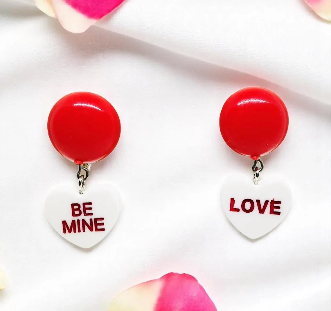 Valentine's Heart Shaped Candy Dangle Clip on Earrings 