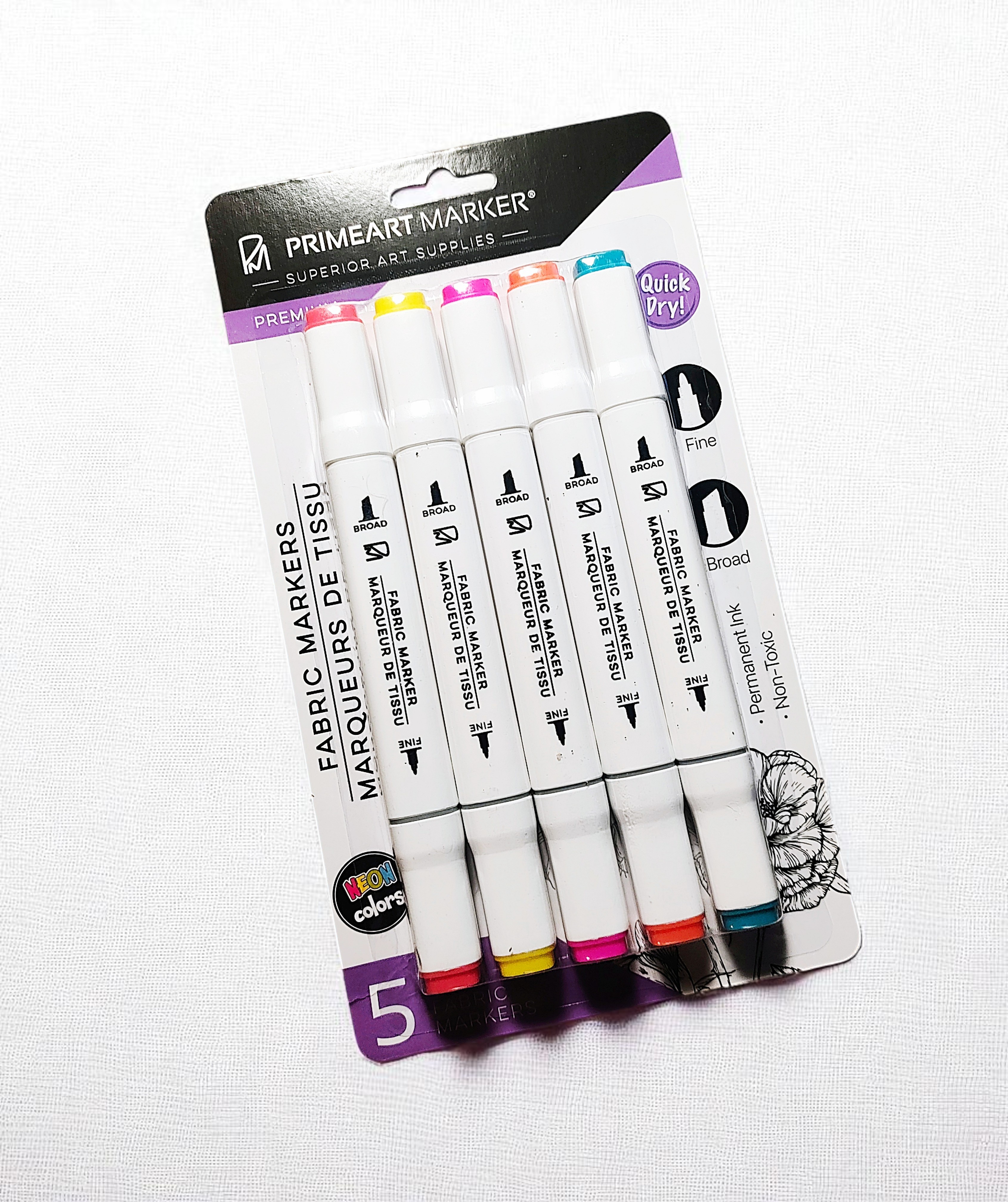 PrimeArt Fabric Markers, Fine & Broad Tips, Neon Colors