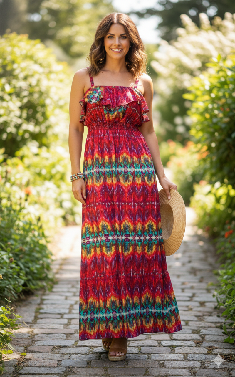 Women's Medium Colorful Pink Strapless Tiered Ruffle Maxi Dress