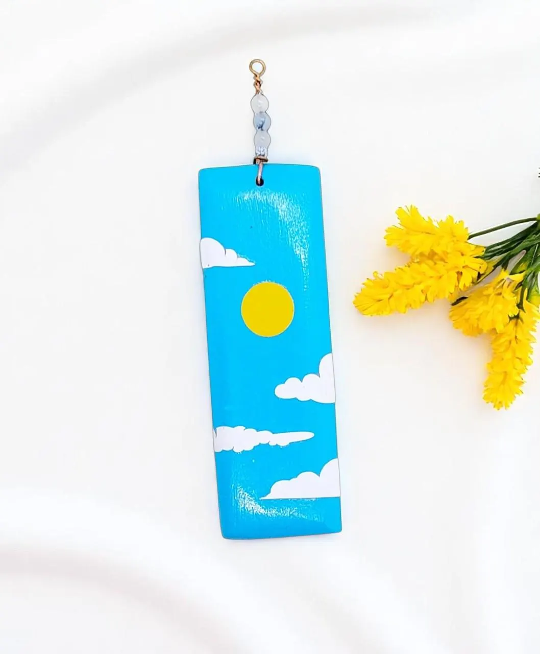 Large Wooden Blue Cloud Sky Background Rectangular Beaded Stone Pendant 