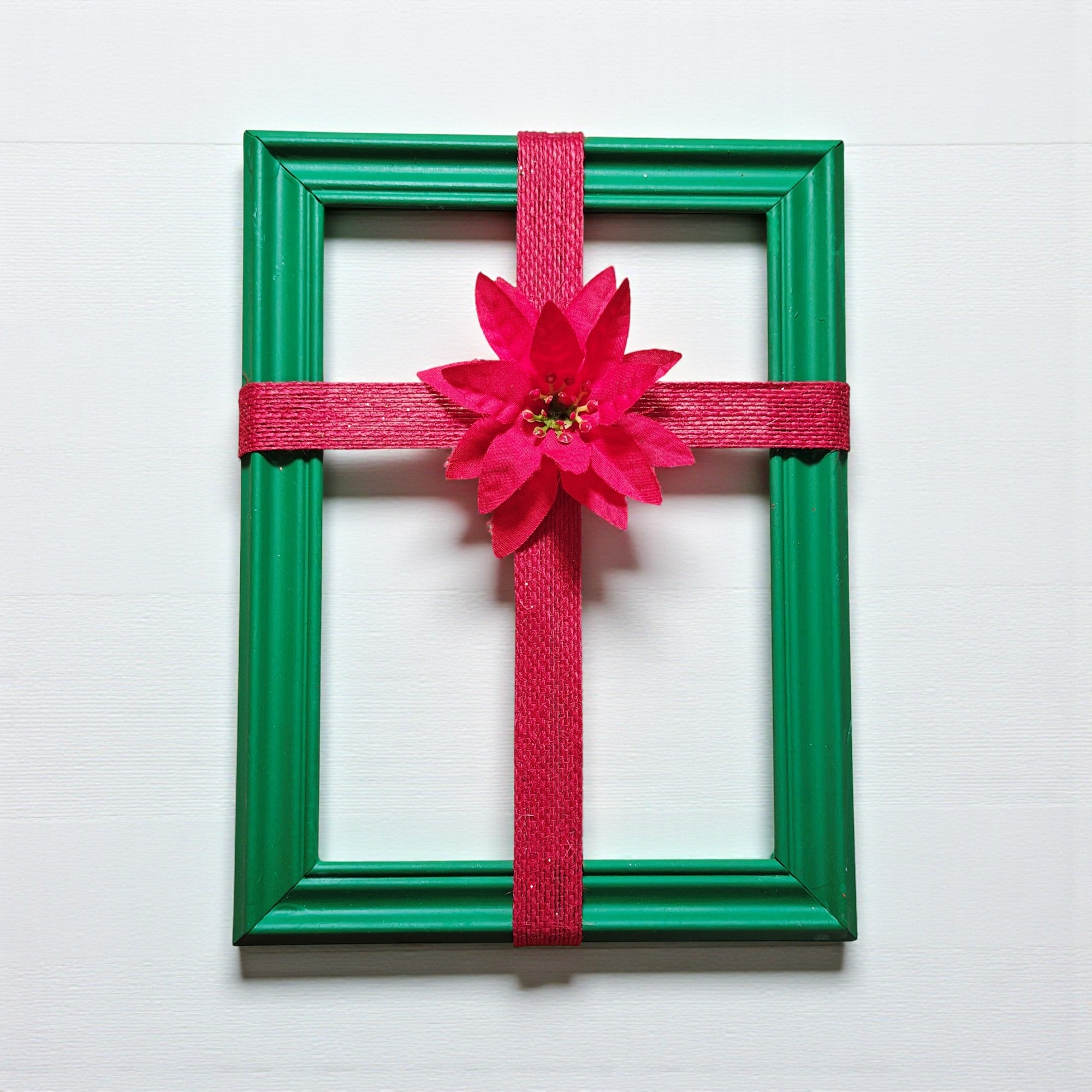 Christmas Ribbon Cross Frame Wall Hanging with Poinsettia
