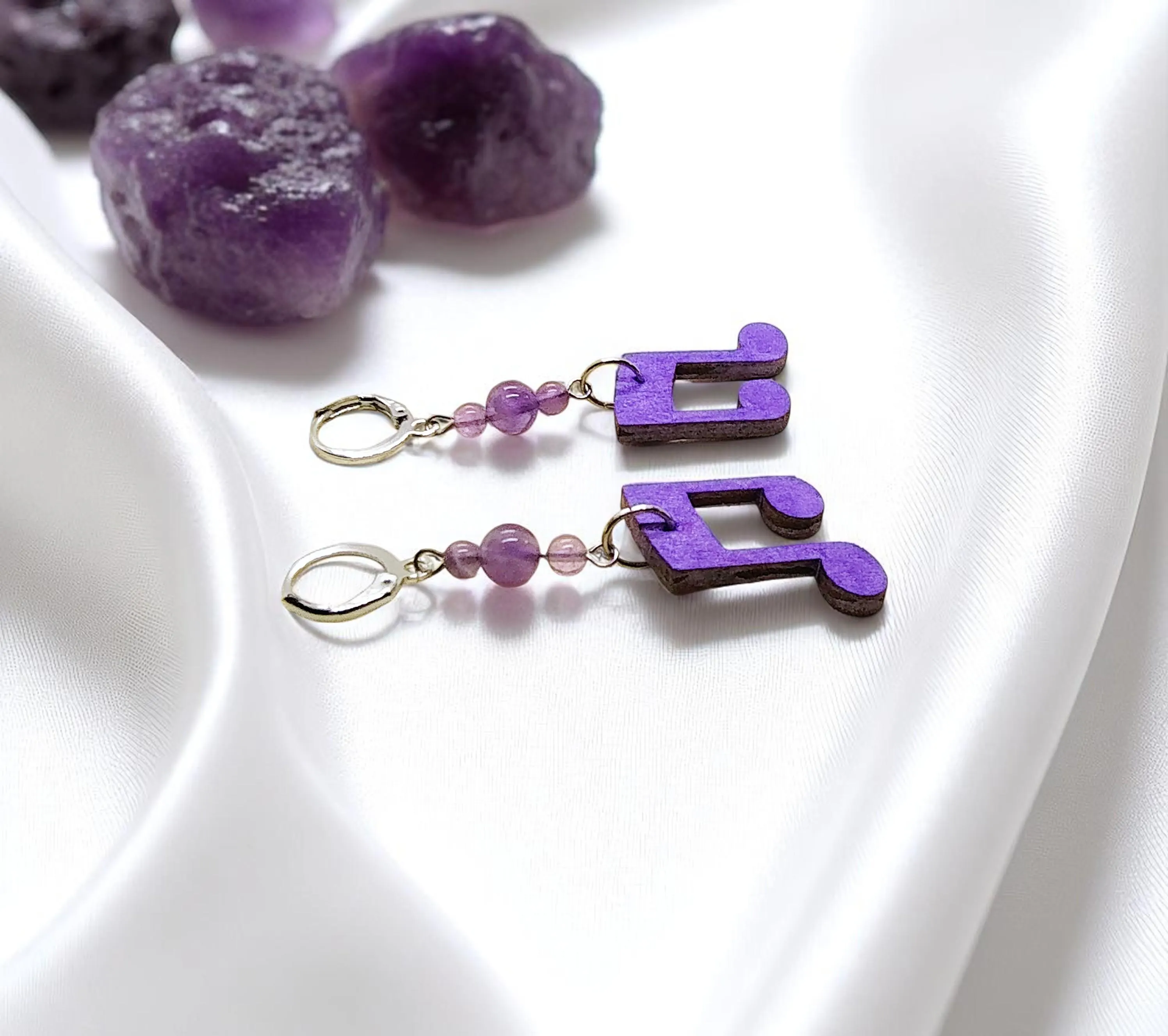 Wooden Music Note Gemstone Dangle Earrings 