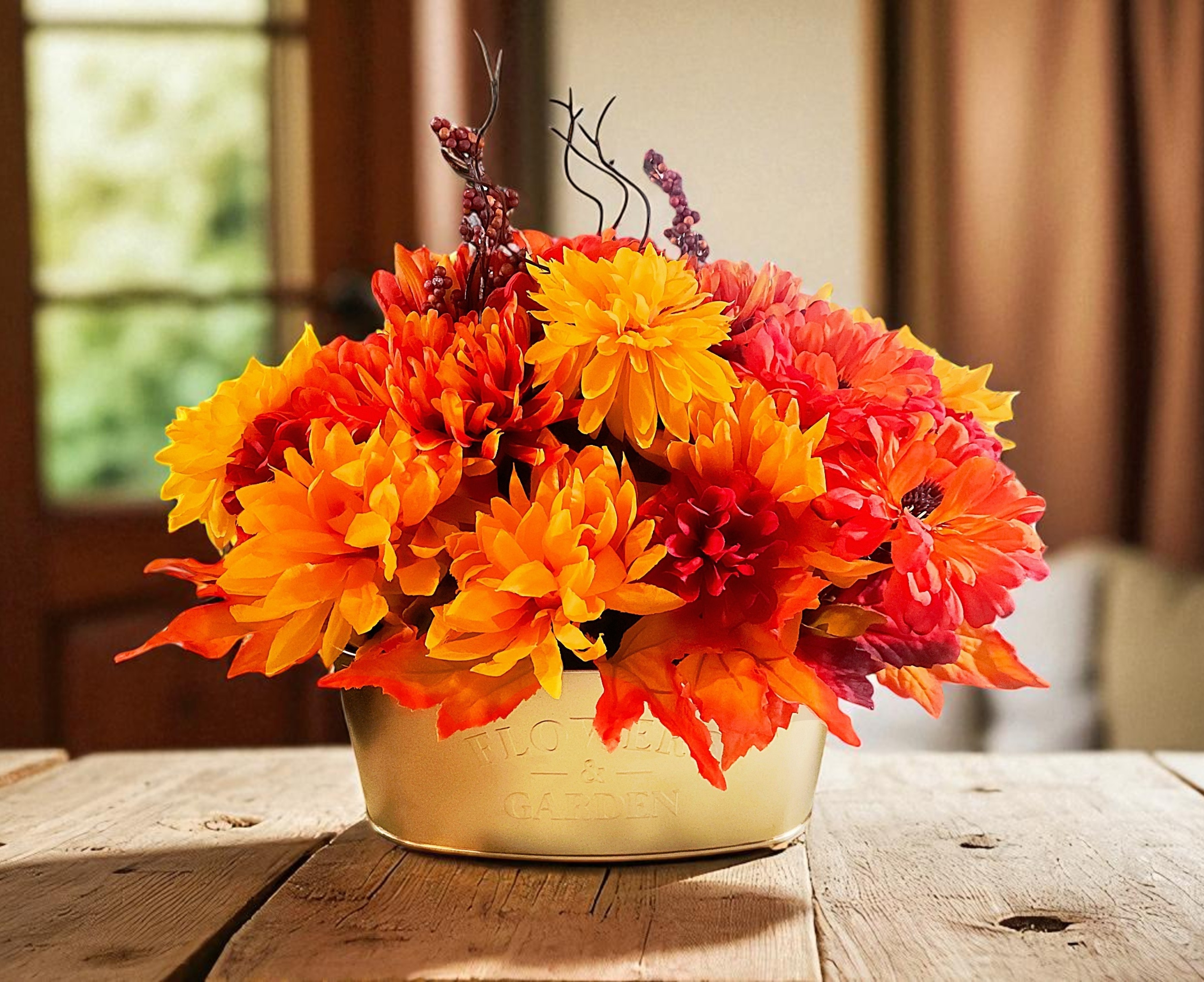 Bright Autumn Flower and Leaves Arrangement in Gold Planter Table Centerpiece