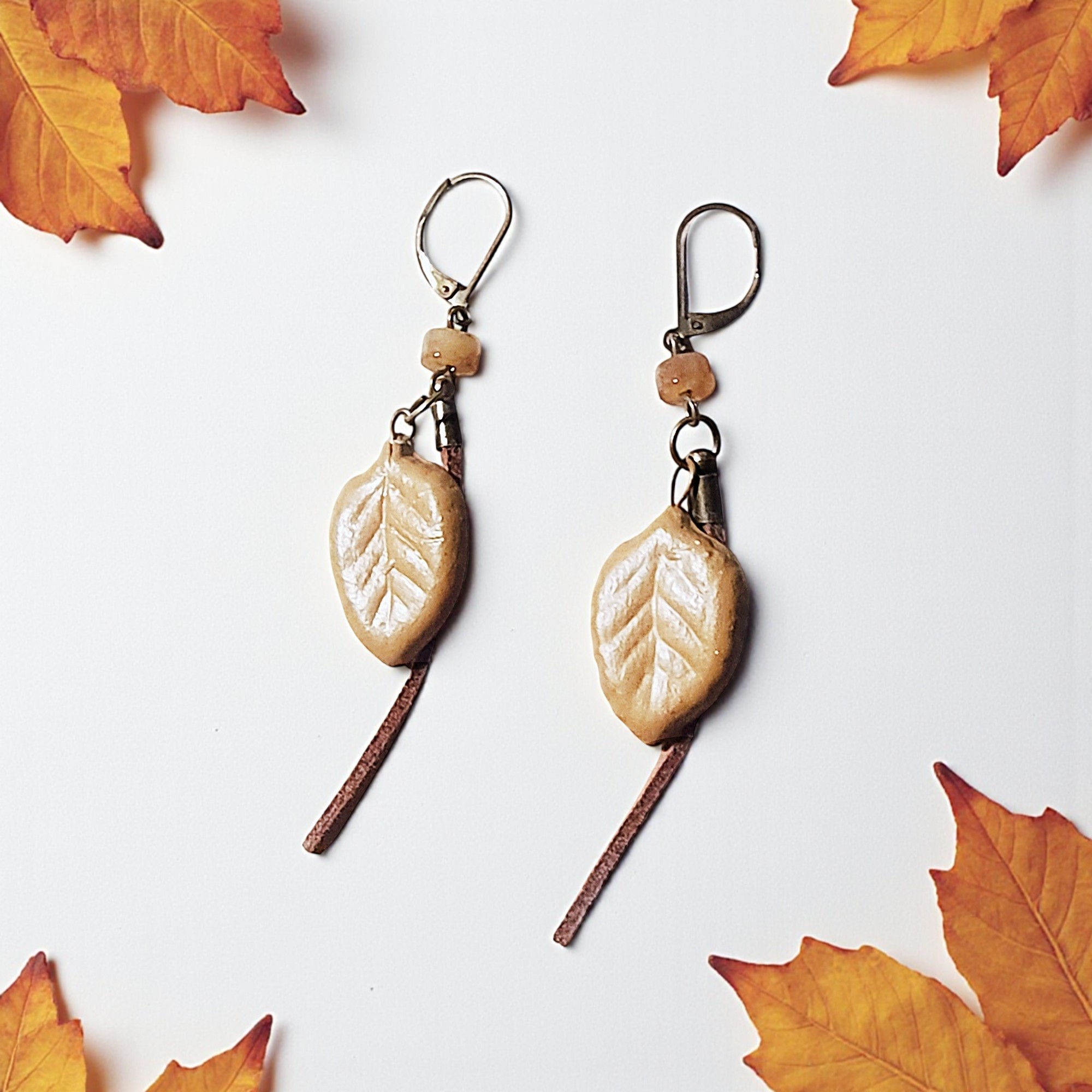 Bronze Autumn Leaf, Gemstone, & Suede Jewelry Set