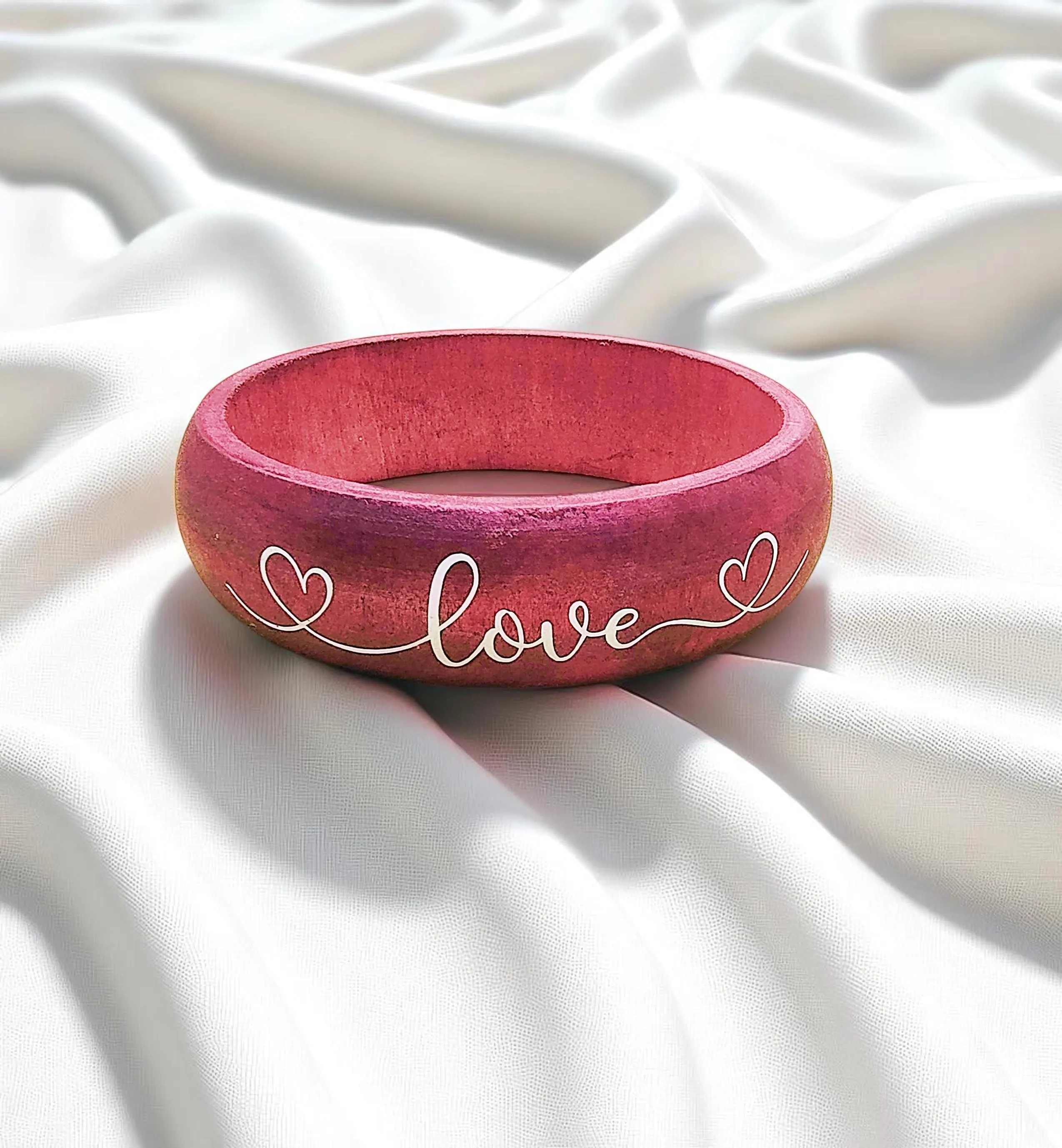 Hand Painted Wooden Love & Hearts Bangle Bracelet 