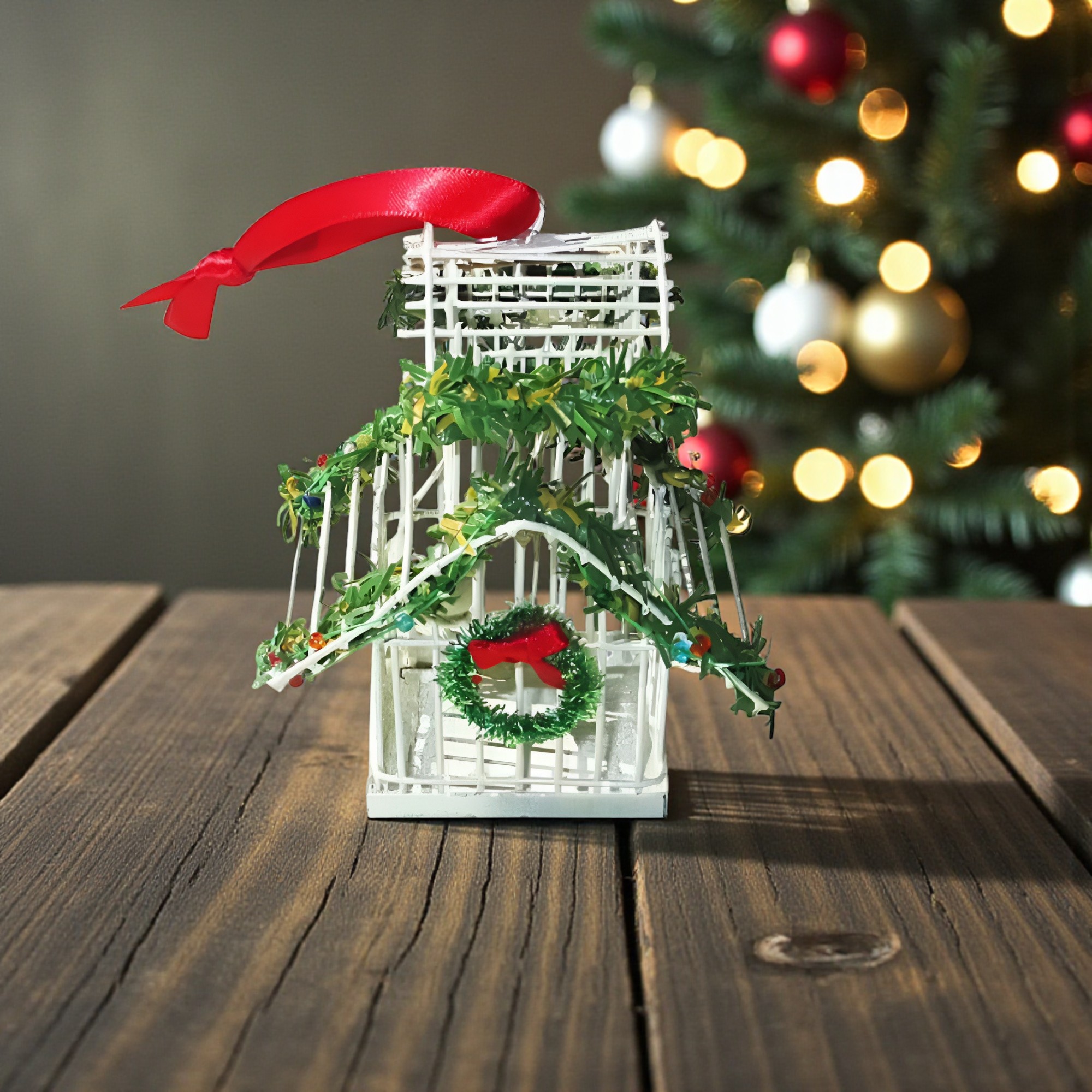 White Wire Bird Cage Christmas Tree Ornament 