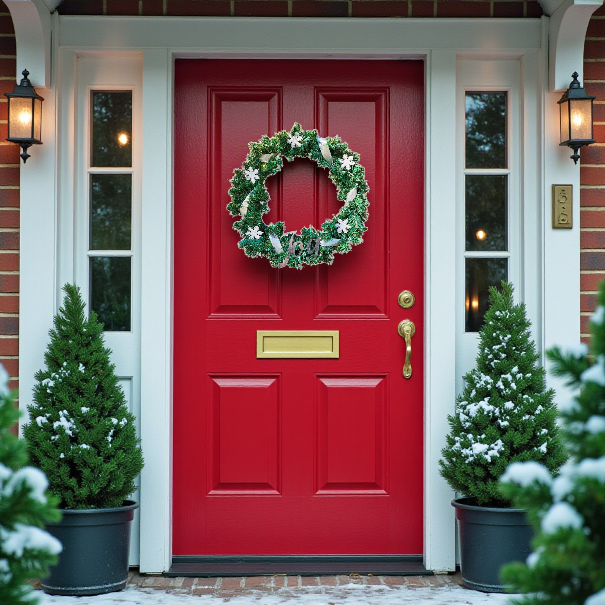 Festive 15 Inch Lighted Christmas Pine JOY Snowflake Wreath