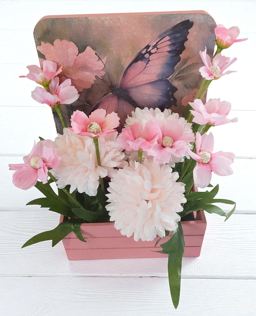 Artificial Flower Arrangement in Wooden Decoupaged Planter 